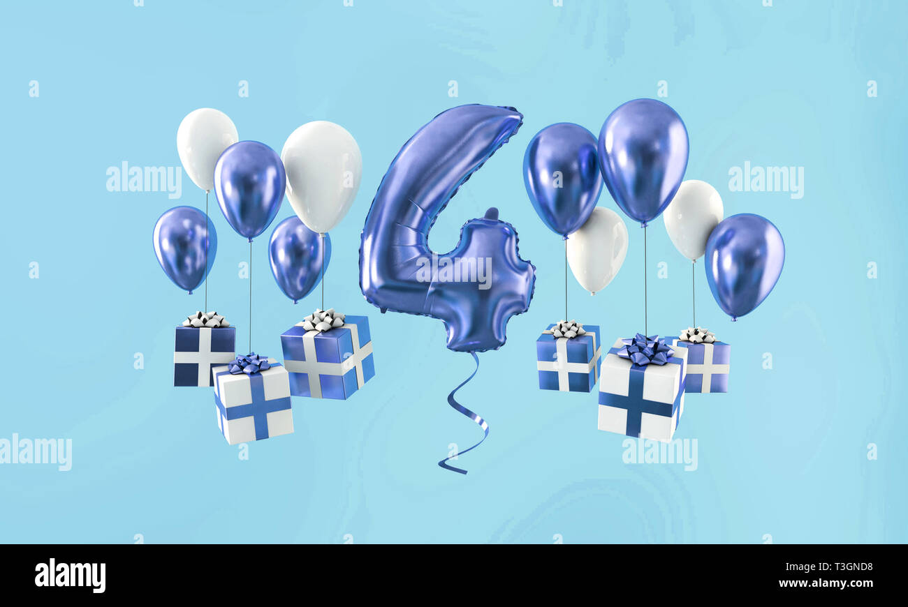 Numero 4 festa di compleanno in oro con il palloncino presenta. 3D Render Foto Stock