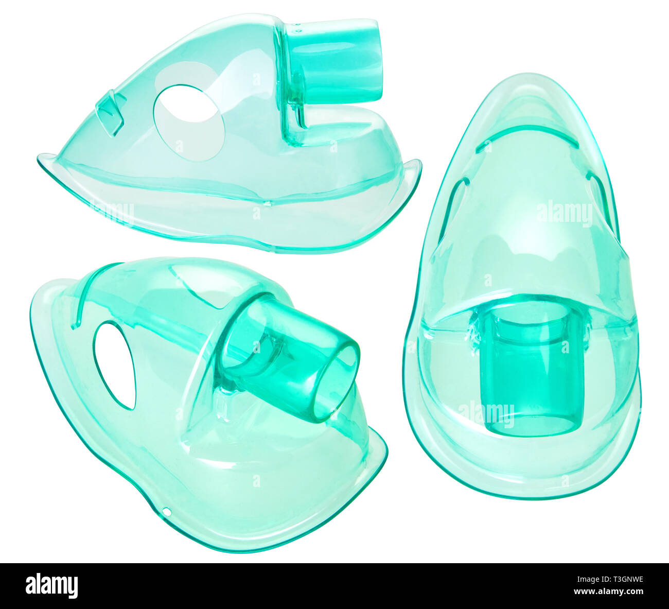 Nebulizzatore maschera di inalazione, maschera respiratoria isolati su sfondo bianco. Compressore nebulizzatore attrezzatura. La bronchite asmatica attrezzature sanitarie. Foto Stock