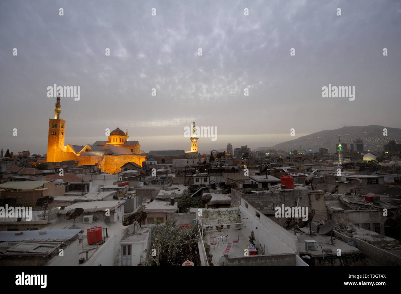 Vista di Damasco e la Moschea Ummayad dalla vecchia casa di Damasco, Siria. Foto Stock