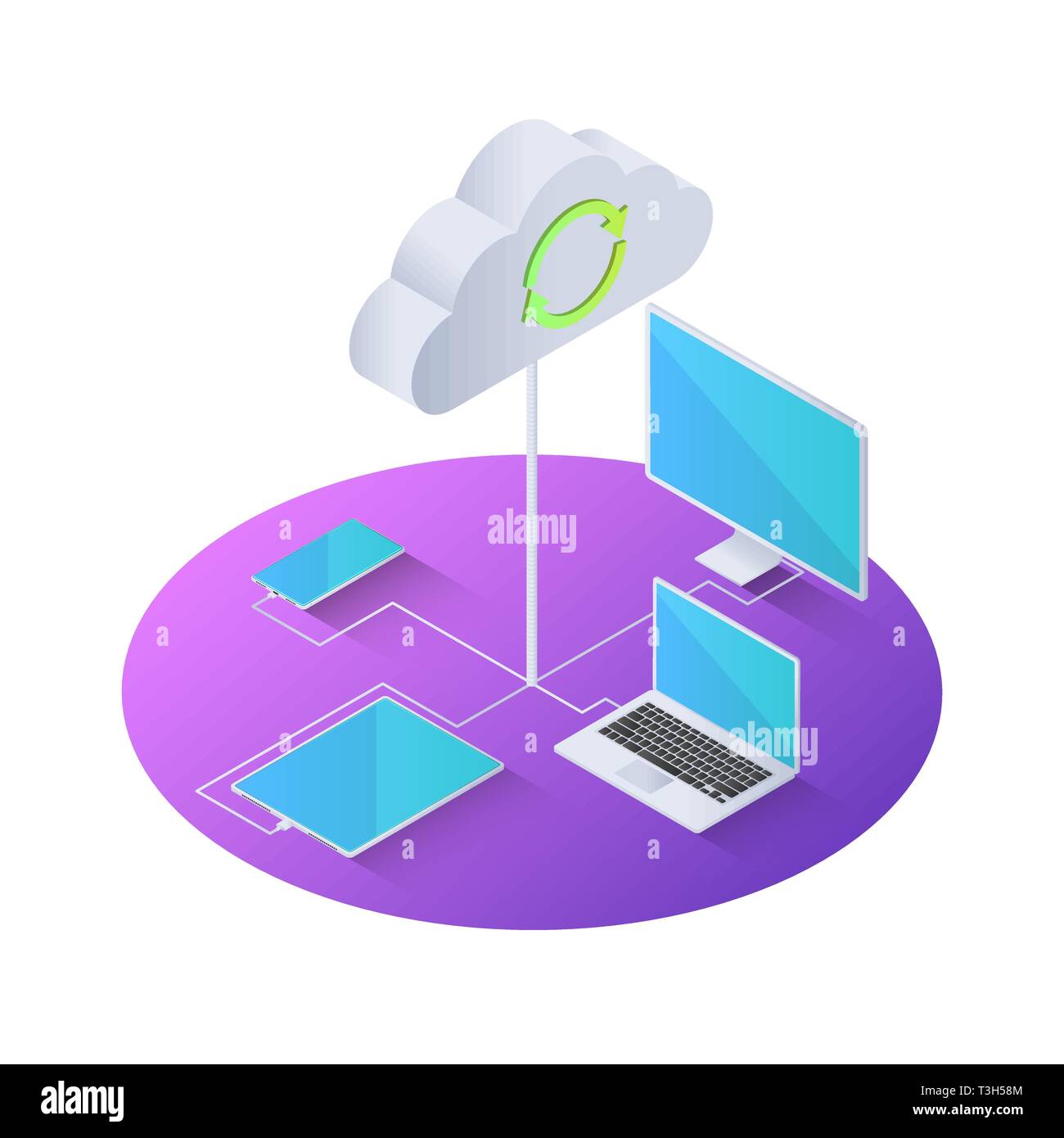 3D isometrica electronics dispositivo collegato al cloud computing. Il cloud computing concetto. Illustrazione Vettoriale