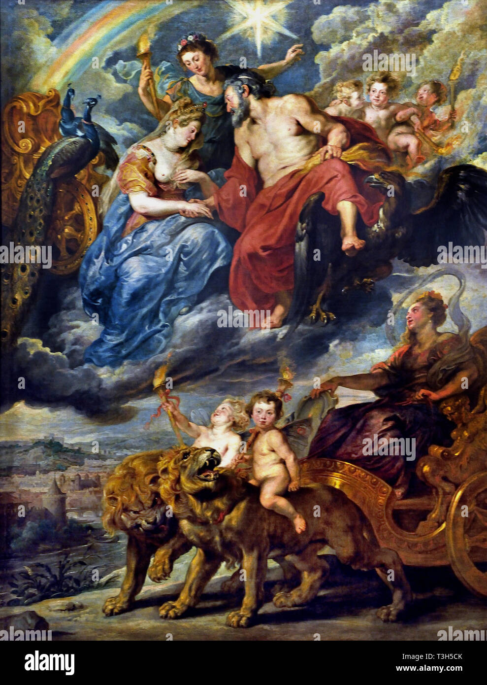 La riunione di Maria de' Medici e Enrico IV a Lione - Marie de' Medici 1622-1624 ciclo da Peter Paul Rubens commissionata dalla regina Maria de' Medici, vedova del re Enrico IV di Francia, per il Palazzo del Lussemburgo a Parigi, ( Marie e Henry come il mitologico divinità romane Giunone e Giove. ) Foto Stock