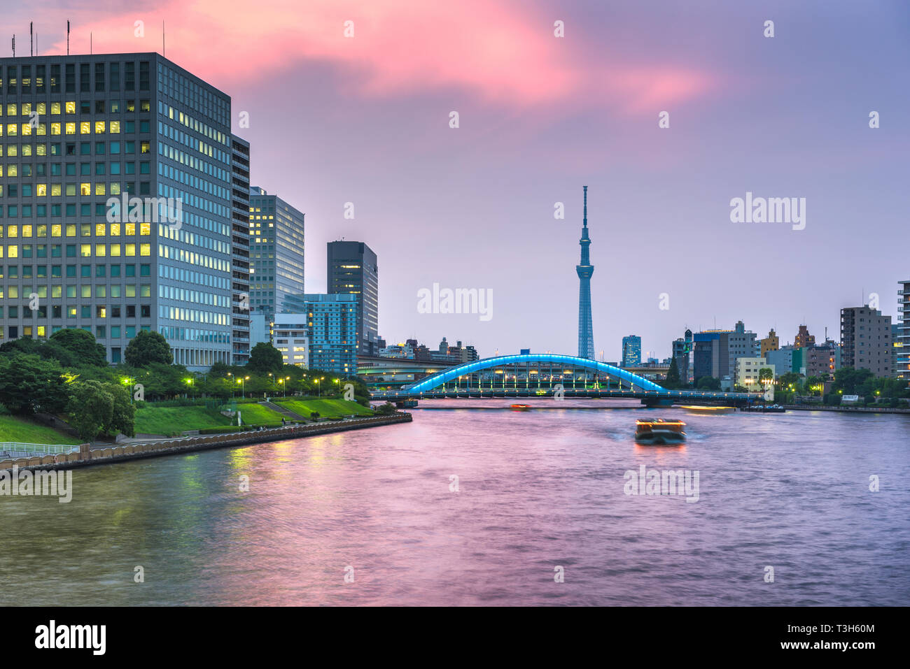 Tokyo, Giappone skyline sul Fiume Sumida di notte. Foto Stock