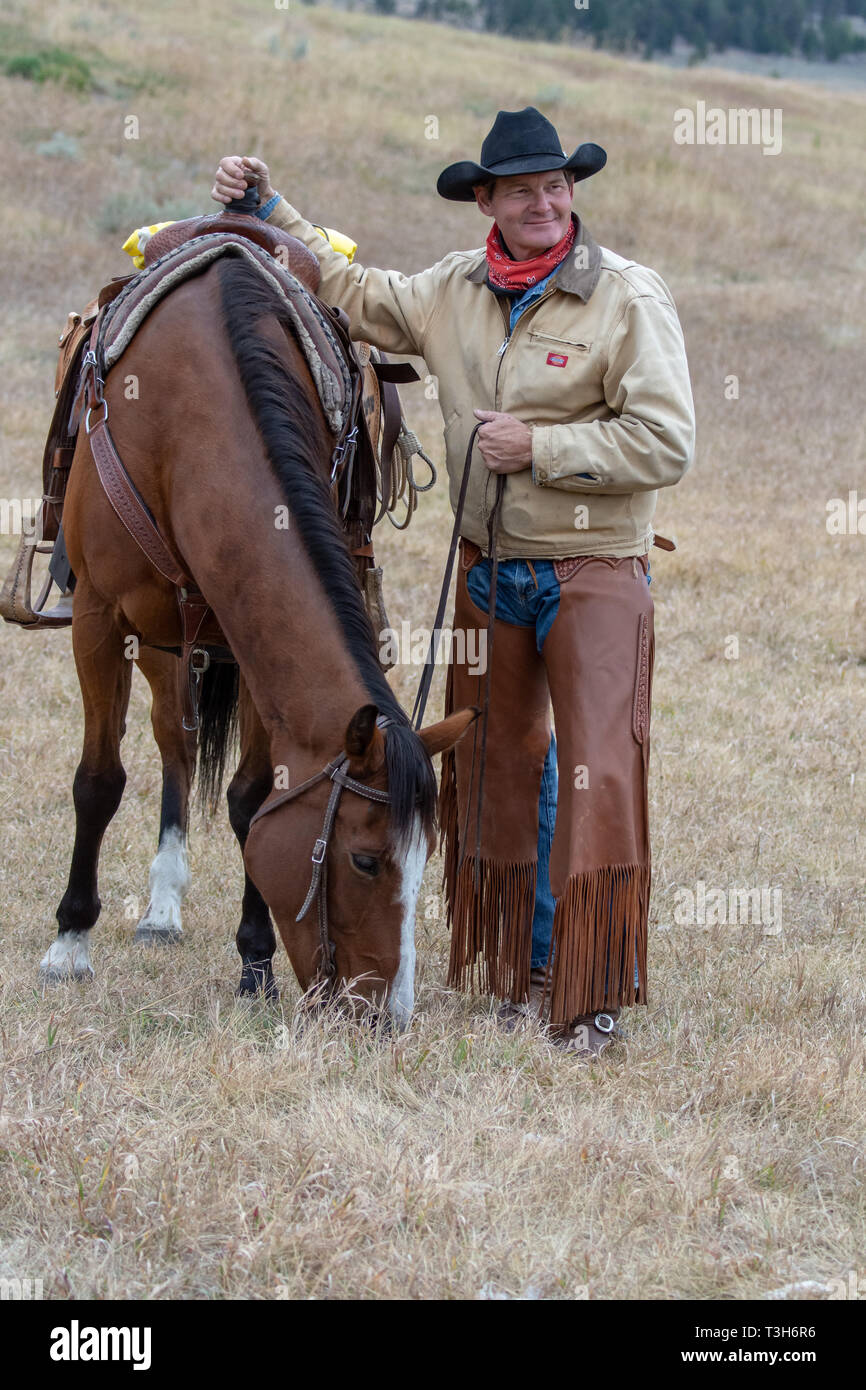 Sorridente cowboy americano sta accanto a cavallo in Wyoming Foto Stock