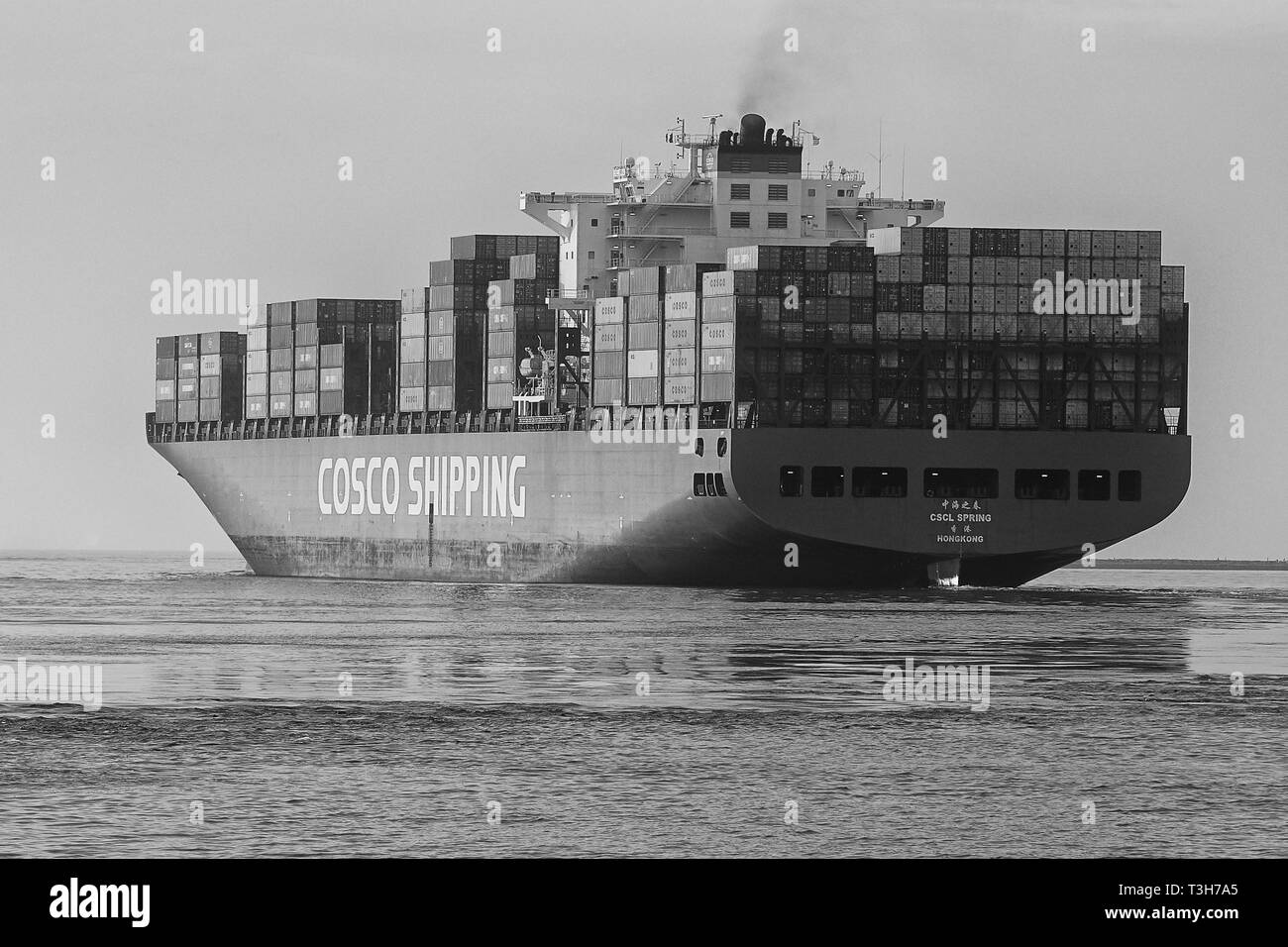 Foto in bianco e nero di Stern Vista della nave portacontainer COSCO, PRIMAVERA CSCL in partenza dal porto di Los Angeles, l'Oceano Pacifico davanti. Foto Stock
