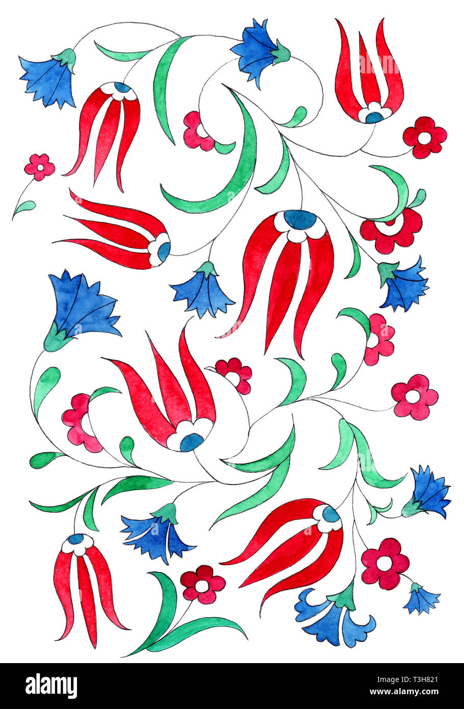 Illustrazione in stile ottomano tradizionale pattern. Acquerello tulip e garofano su sfondo bianco. Foto Stock