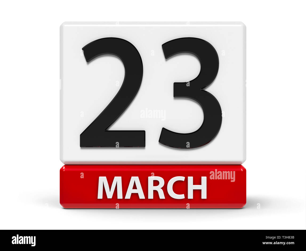 Rosso e bianco sull'icona del calendario dai cubi - Venti terza di marzo - su un tavolo bianco - Giornata mondiale della metereologia, tridimensionale, rendering 3D illu Foto Stock