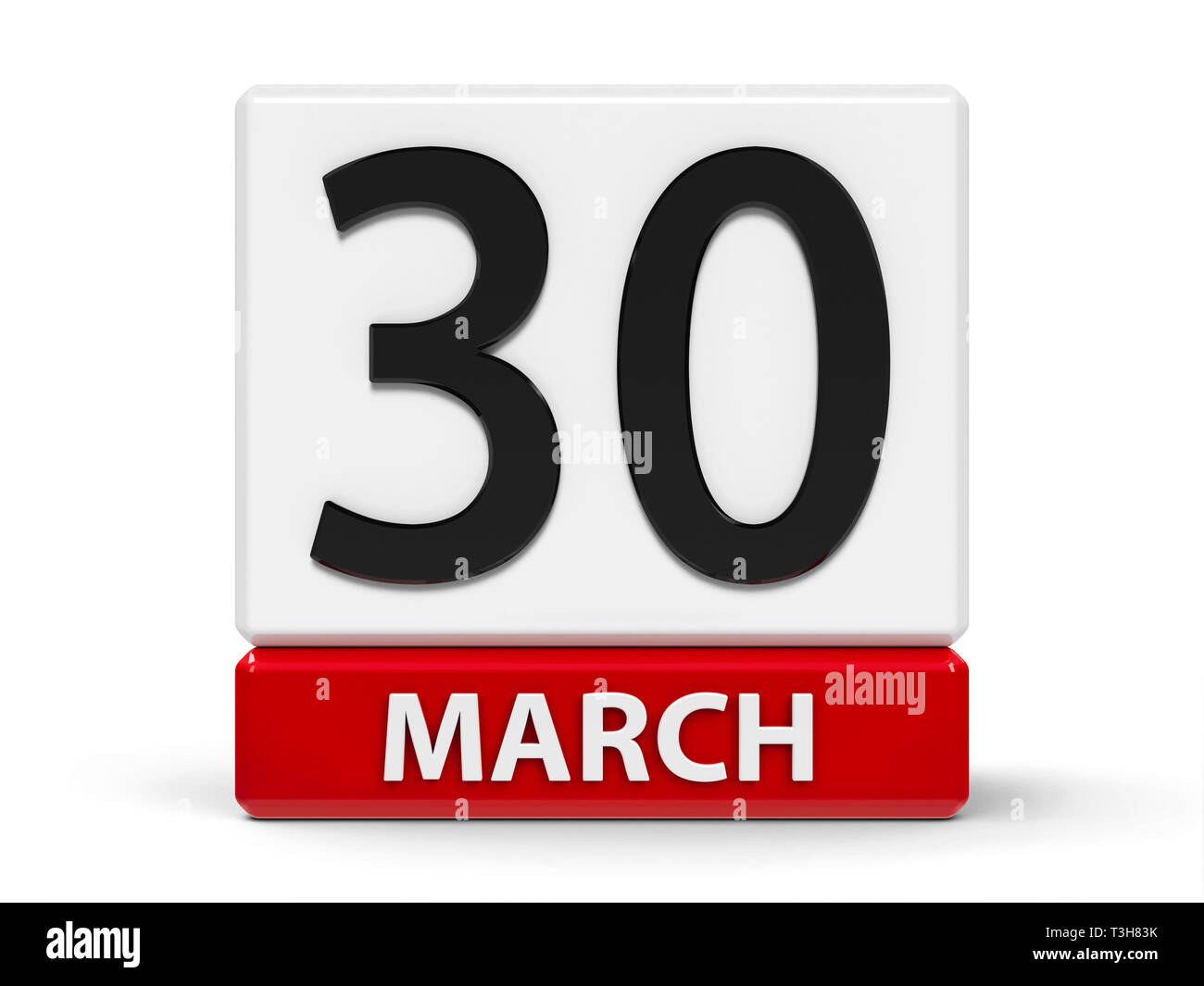 Rosso e bianco sull'icona del calendario dai cubi - il trentesimo di marzo - su un tavolo bianco - Medico Nazionale del giorno negli Stati Uniti, tridimensionale, rendering 3D ill Foto Stock