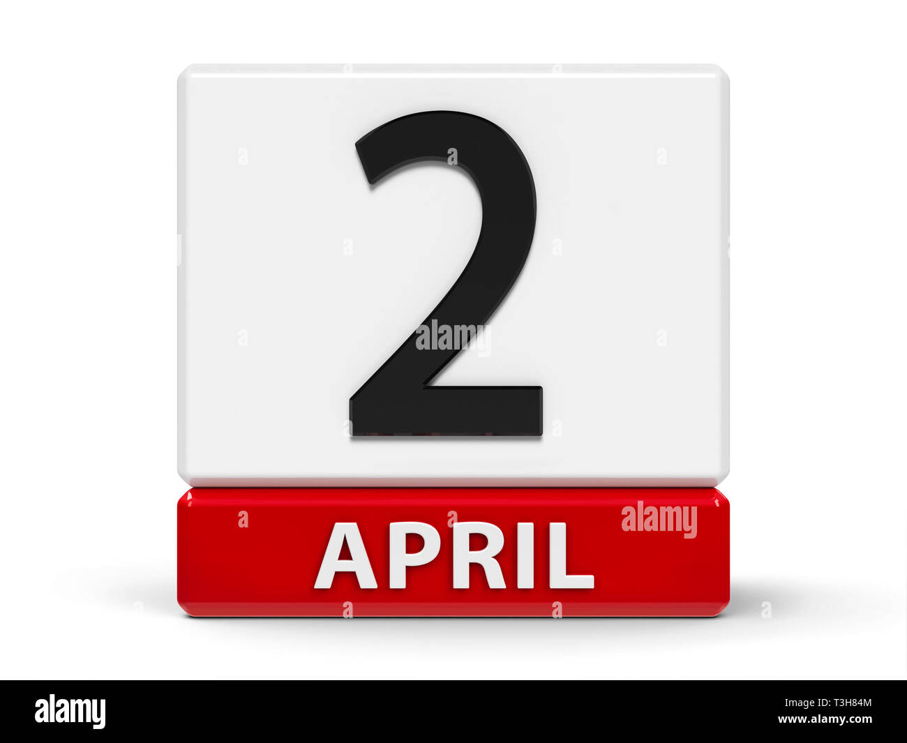 Rosso e bianco sull'icona del calendario dai cubi - La seconda di aprile - su un tavolo bianco - autismo e Giornata Internazionale del Libro per Ragazzi giorno, tridimensionale Foto Stock