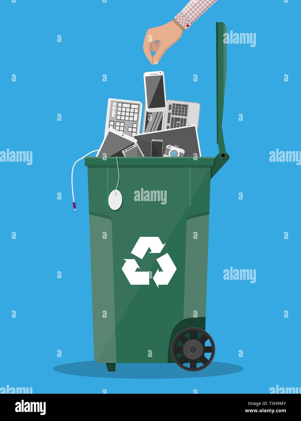 Rifiuti elettronici cestino contenitore con vecchie apparecchiature informatiche, telefoni, computer portatile, un mouse, una tastiera. Illustrazione Vettoriale in stile piatto Illustrazione Vettoriale