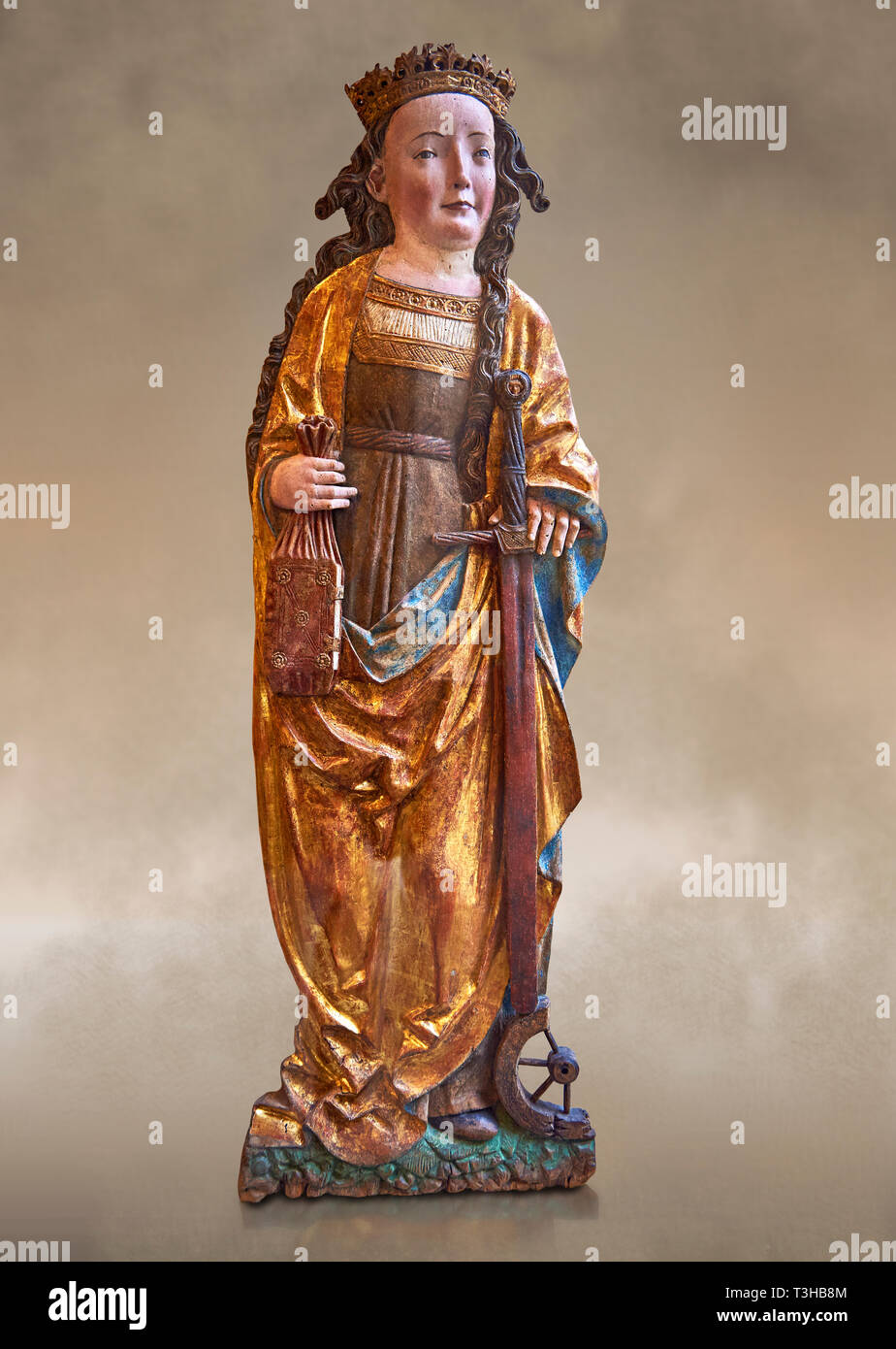 Gotica dipinta in legno dorato statua Pala di Santa Caterina, circa 1520-1525 da Niklaus Weckmann da Ulm, Germania. Il giovane martire cristiano mi Foto Stock