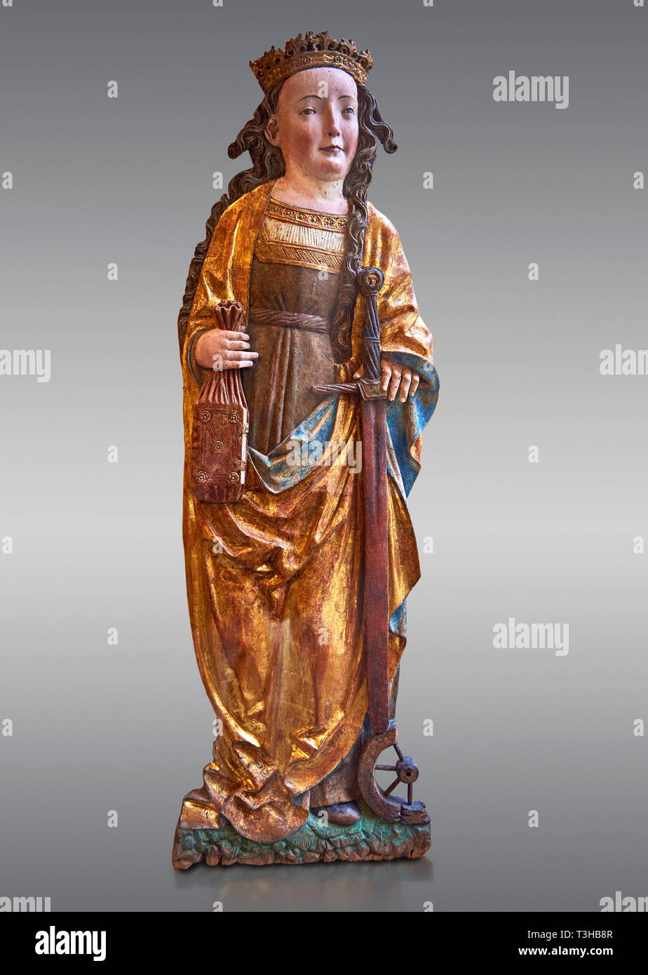 Gotica dipinta in legno dorato statua Pala di Santa Caterina, circa 1520-1525 da Niklaus Weckmann da Ulm, Germania. Il giovane martire cristiano mi Foto Stock