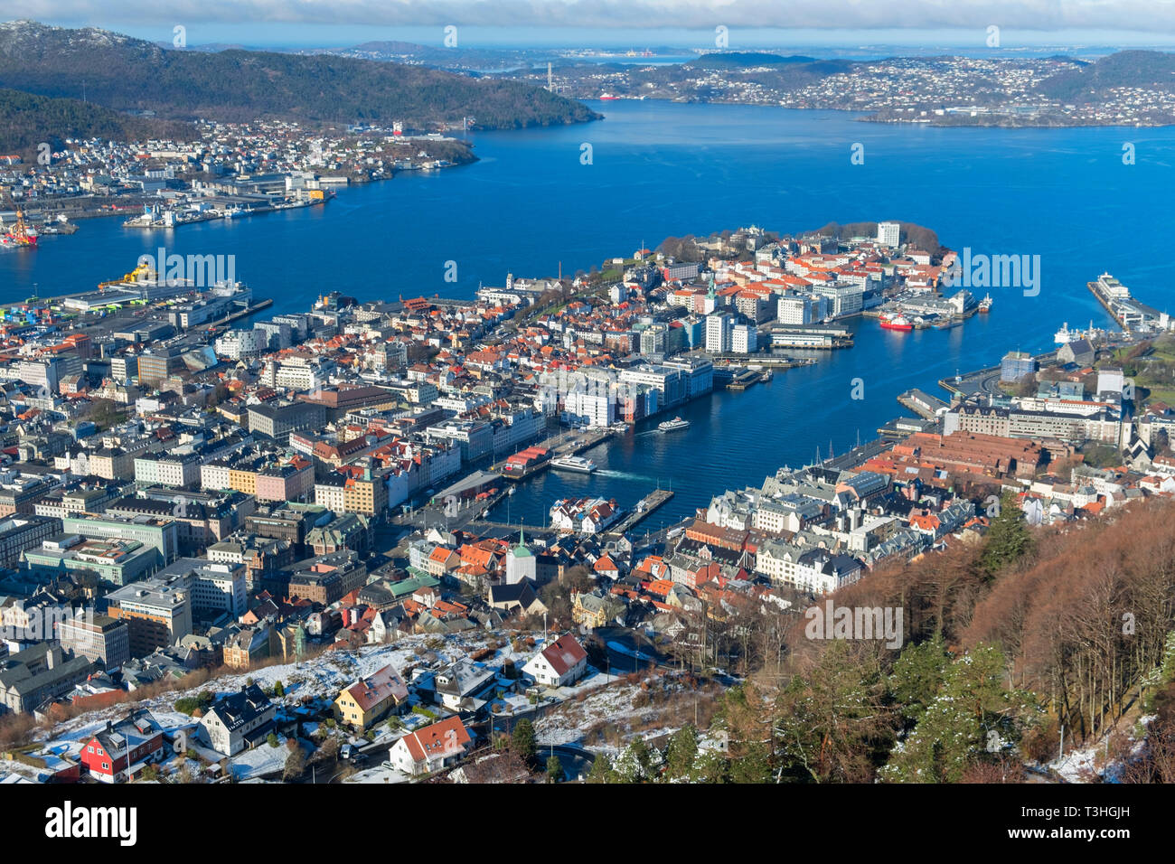 Città vista dal Monte Fløyen Bergen in Norvegia Foto Stock