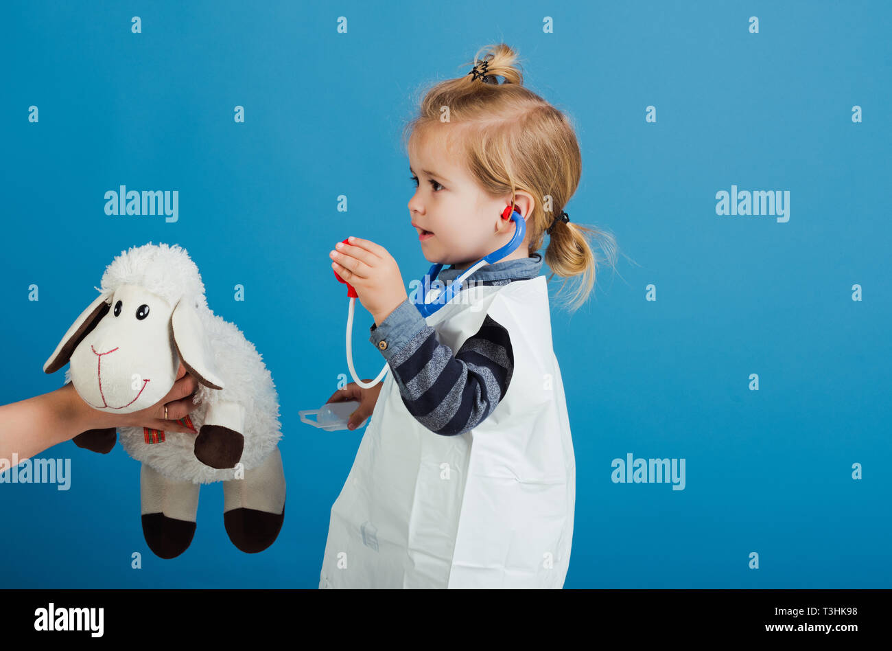 Ragazzo giocare veterinario con toy pecore madri in mano Foto Stock