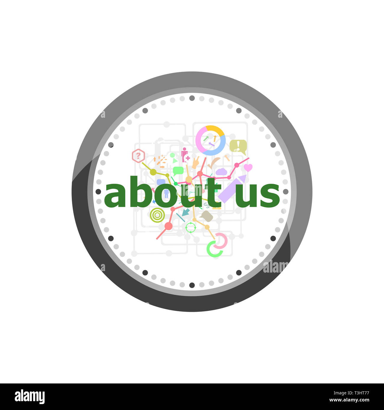 Testo su di noi su sfondo digitale. Il concetto di informazione . Set di appartamento moderno concetto di design icone per internet marketing. Orologio isolato su bianco bac Foto Stock