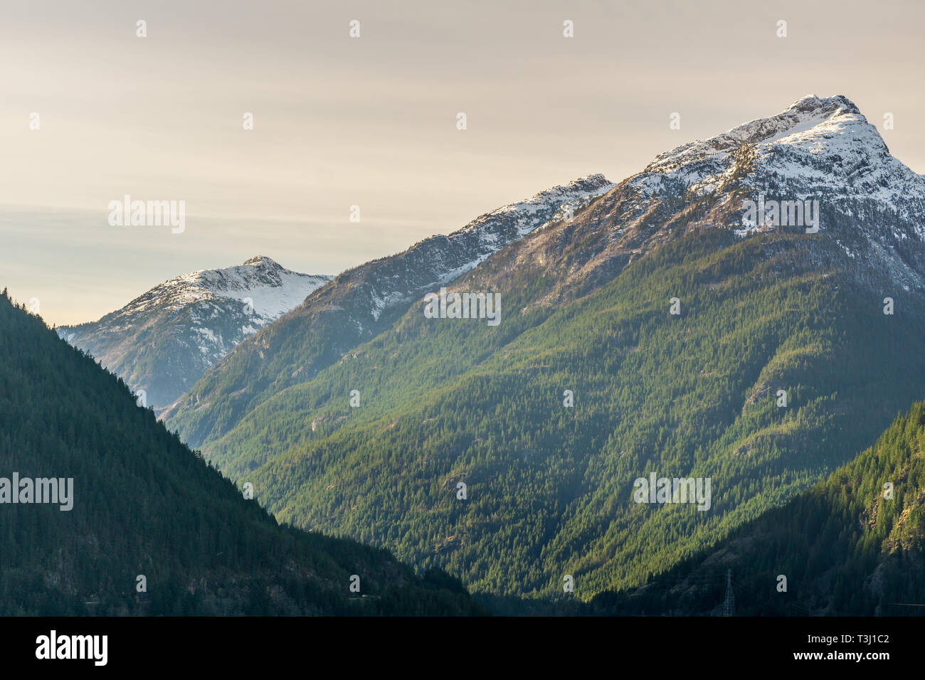 Picco di montagna nella neve con il cielo chiaro a nord degli Stati Uniti. Foto Stock