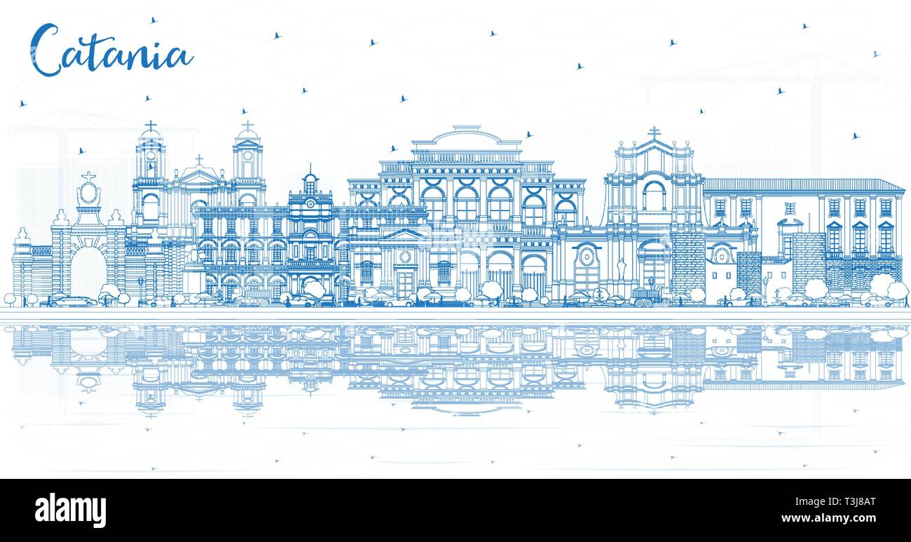 Delineare Catania Italia skyline della città con edifici blu e riflessi. Illustrazione Vettoriale. Viaggi di affari e turismo Concept. Illustrazione Vettoriale