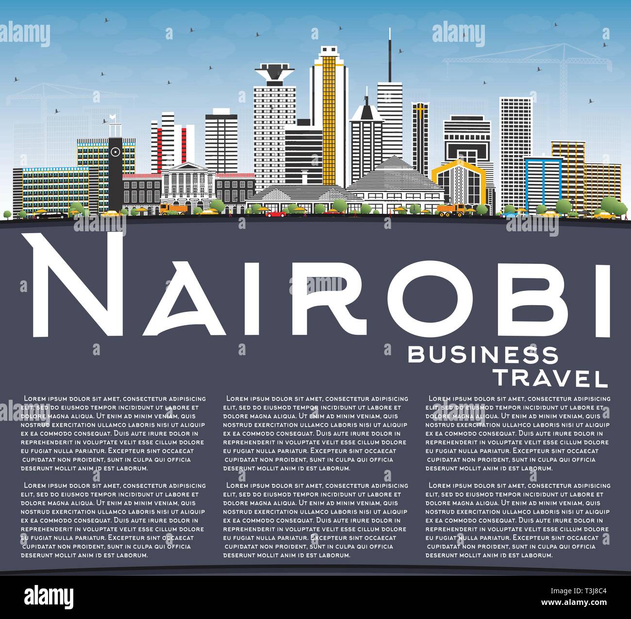 Nairobi Kenya skyline della città con edifici di colore, il blu del cielo e spazio di copia. Illustrazione Vettoriale. Viaggi di lavoro e di concetto con architettura moderna. Illustrazione Vettoriale