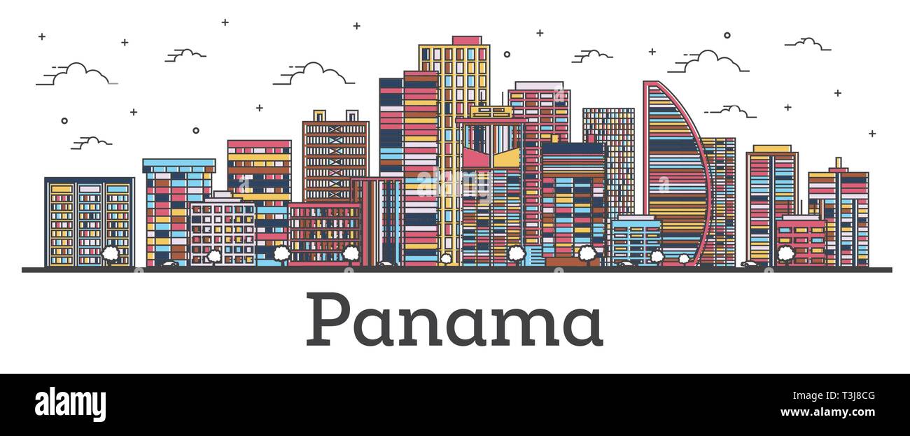 Delineare Panama City Skyline con edifici di colore isolato su bianco. Illustrazione Vettoriale. Panama Cityscape con punti di riferimento. Illustrazione Vettoriale