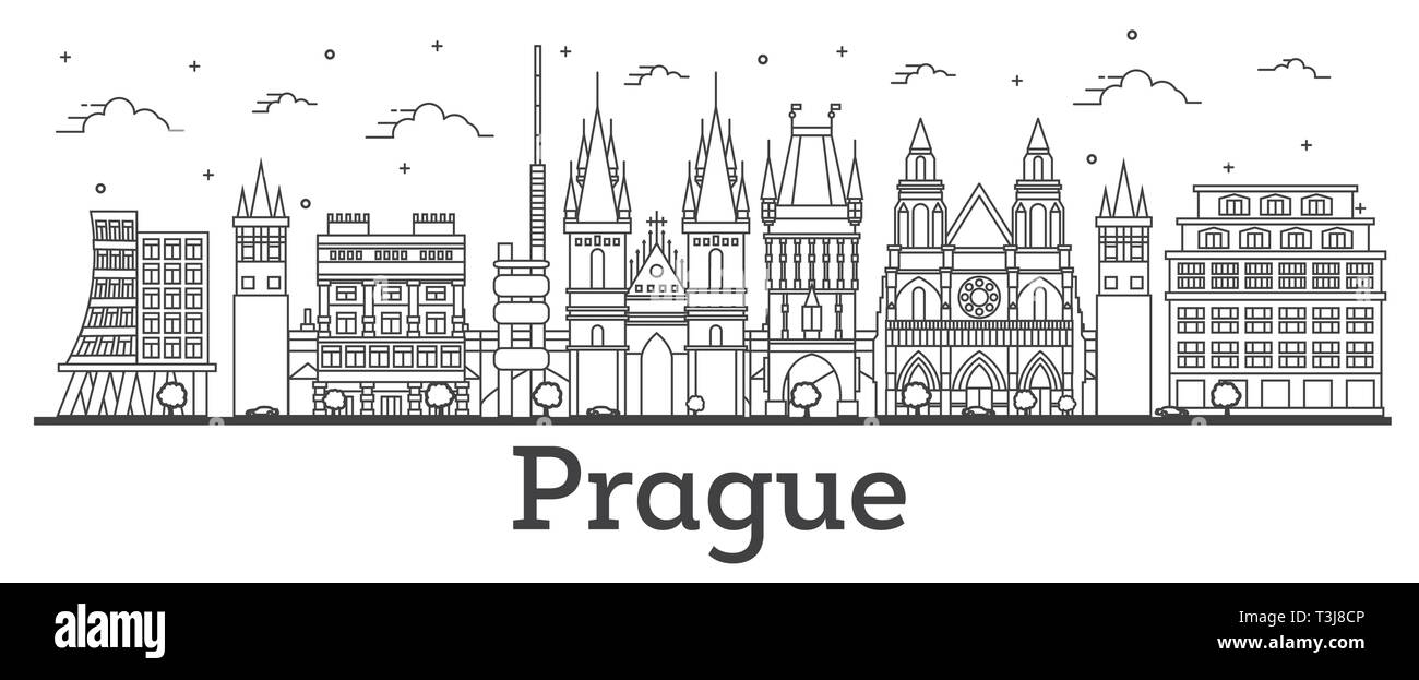 Profilo di Praga Repubblica Ceca dello skyline della città con edifici storici isolati su bianco. Illustrazione Vettoriale. Paesaggio urbano di Praga con i punti di riferimento. Illustrazione Vettoriale