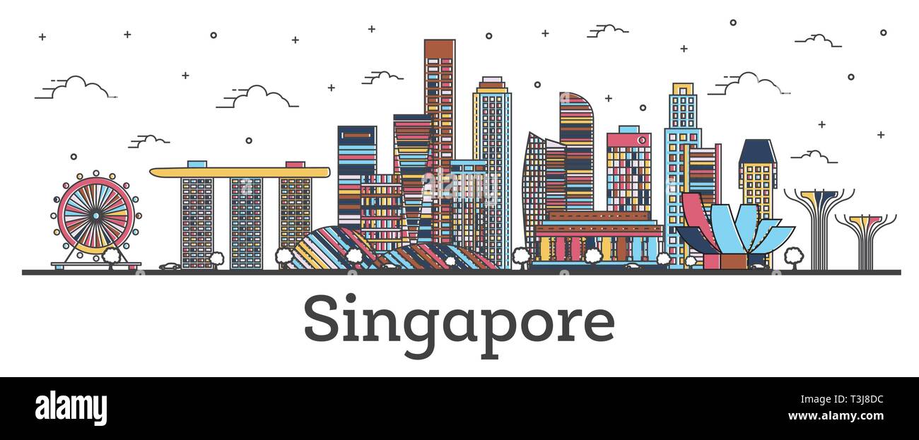Delineare Singapore skyline della città con edifici di colore isolato su bianco. Illustrazione Vettoriale. Singapore Cityscape con punti di riferimento. Illustrazione Vettoriale