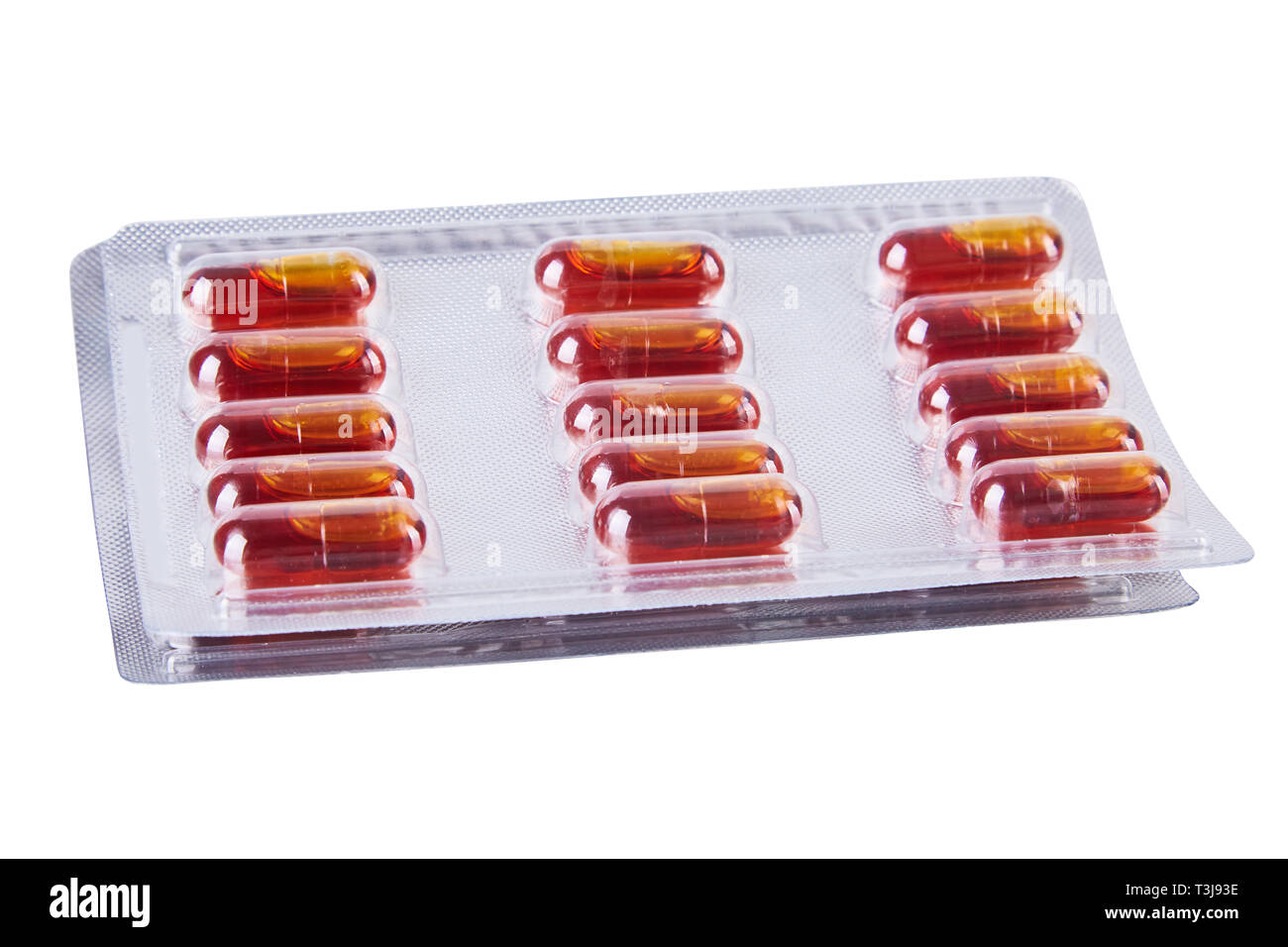 Olio di Krill capsule in blister isolati su sfondo bianco Foto Stock