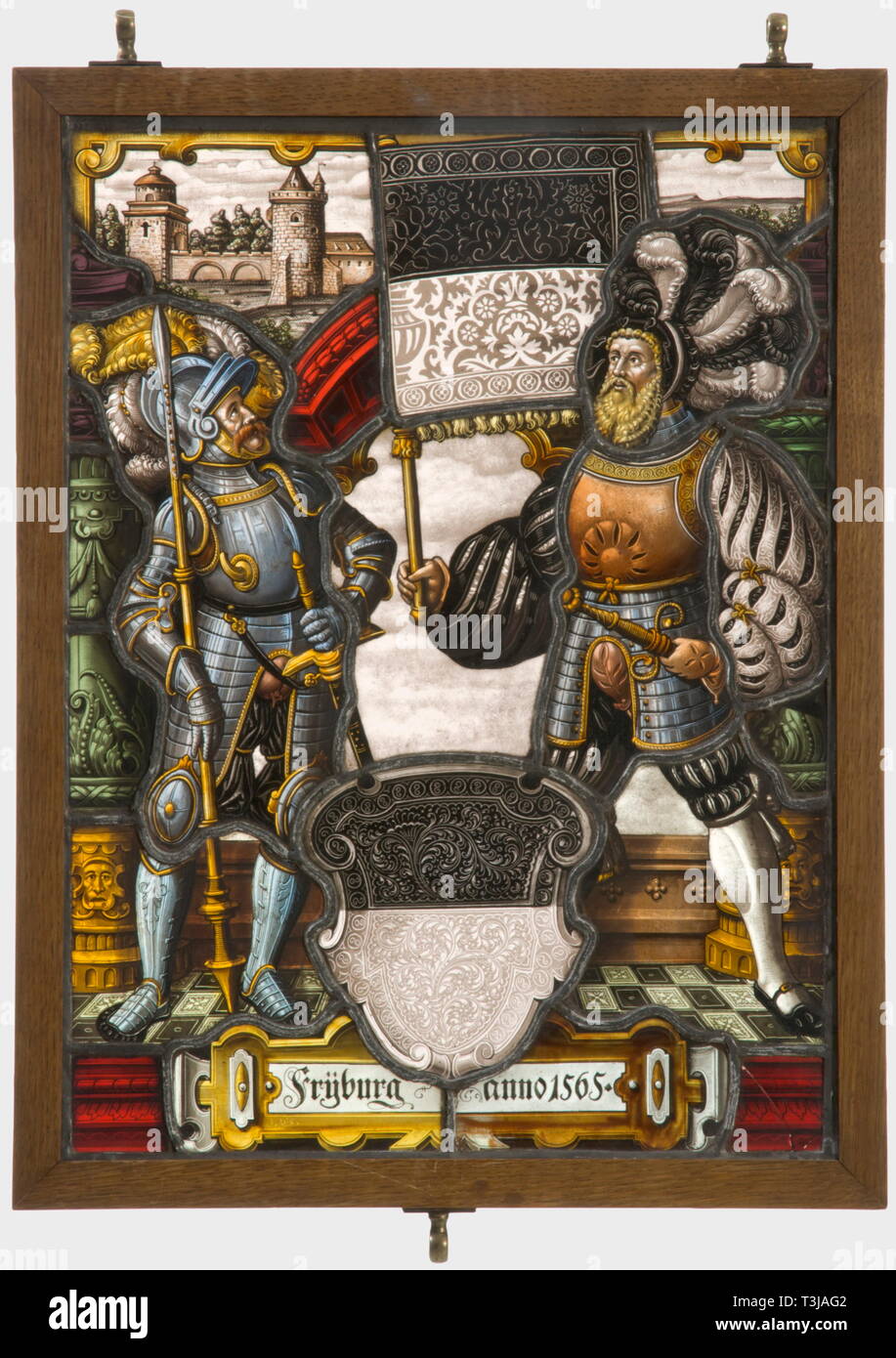 Una coppia di vetro piombato pannelli visualizzazione stemmi, della Germania o della Svizzera, la seconda metà del XIX secolo lussuosamente predisposto vetro piombato pannelli con belle 'Schwarzlot'-pittura su vetro di variare i colori nello stile del XVI secolo. Central stemma scudi della città di Zurigo e Friburgo, ciascuno affiancato dai piedi la figura di un Landsknecht. Impostazione architettonica in background. Un pannello datato '1565'. Entrambi i pannelli sono firmati 'J' con una corona. In cornici di legno provvisto di ottone anelli di sospensione. Le dimensioni di ogni 46 x 36 cm., Additional-Rights-Clearance-Info-Not-Available Foto Stock