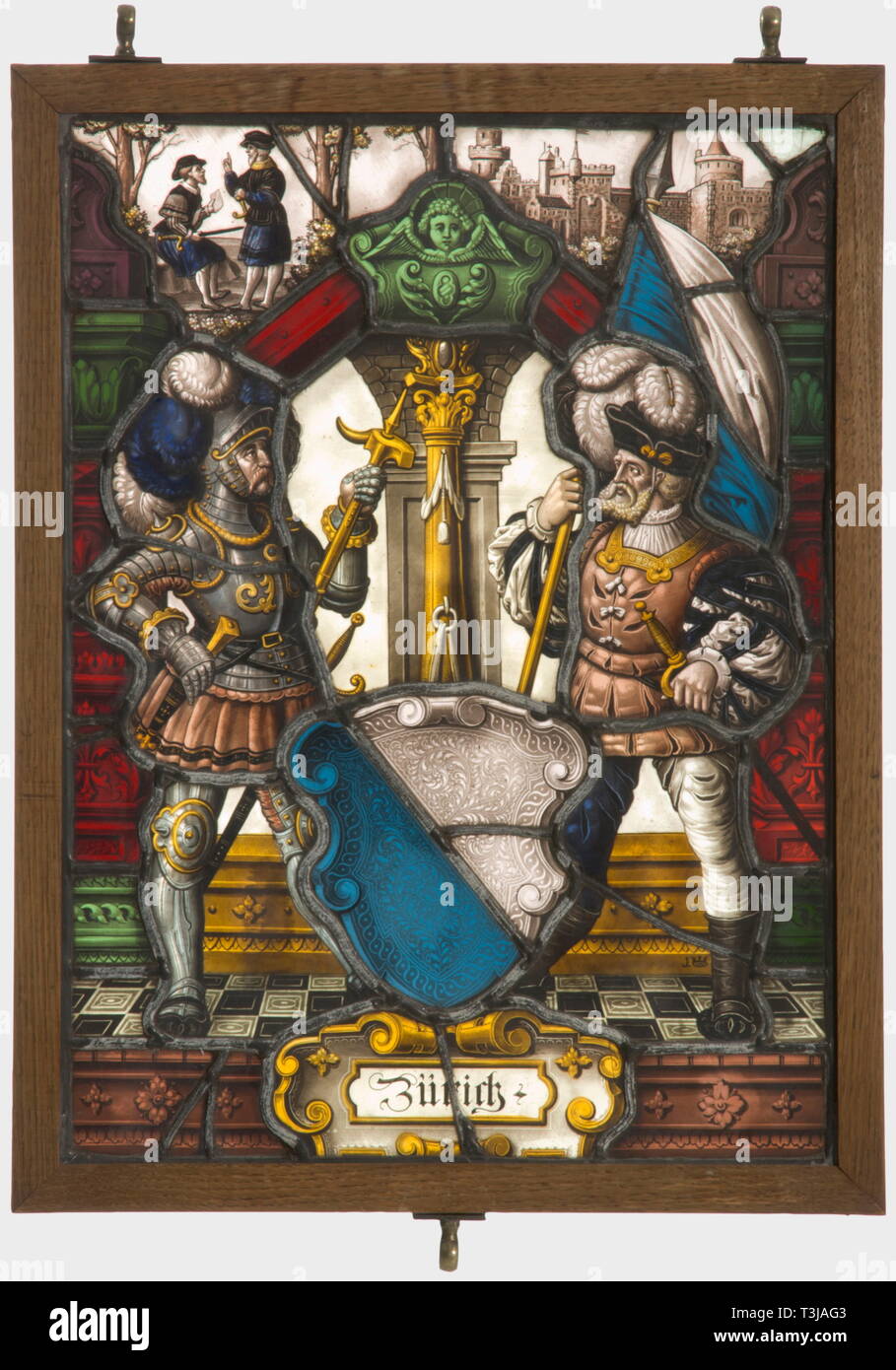 Una coppia di vetro piombato pannelli visualizzazione stemmi, della Germania o della Svizzera, la seconda metà del XIX secolo lussuosamente predisposto vetro piombato pannelli con belle 'Schwarzlot'-pittura su vetro di variare i colori nello stile del XVI secolo. Central stemma scudi della città di Zurigo e Friburgo, ciascuno affiancato dai piedi la figura di un Landsknecht. Impostazione architettonica in background. Un pannello datato '1565'. Entrambi i pannelli sono firmati 'J' con una corona. In cornici di legno provvisto di ottone anelli di sospensione. Le dimensioni di ogni 46 x 36 cm., Additional-Rights-Clearance-Info-Not-Available Foto Stock