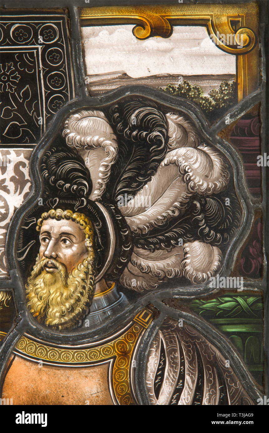 Una coppia di vetro piombato pannelli visualizzazione stemmi, della Germania o della Svizzera, la seconda metà del XIX secolo lussuosamente predisposto vetro piombato pannelli con belle 'Schwarzlot'-pittura su vetro di variare i colori nello stile del XVI secolo. Central stemma scudi della città di Zurigo e Friburgo, ciascuno affiancato dai piedi la figura di un Landsknecht. Impostazione architettonica in background. Un pannello datato '1565'. Entrambi i pannelli sono firmati 'J' con una corona. In cornici di legno provvisto di ottone anelli di sospensione. Le dimensioni di ogni 46 x 36 cm., Additional-Rights-Clearance-Info-Not-Available Foto Stock