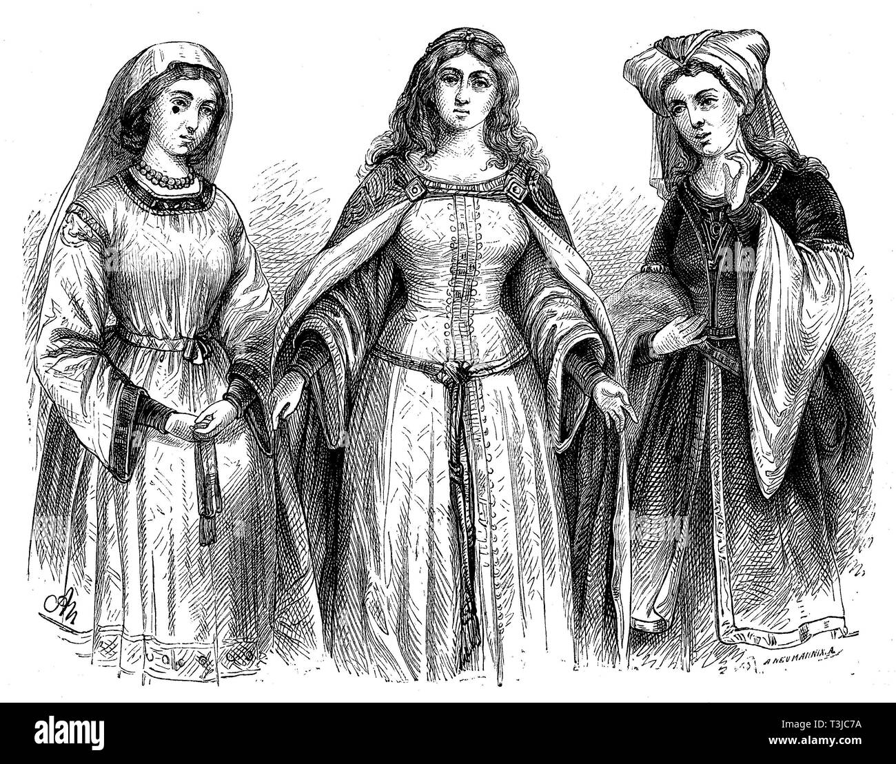 Il tedesco per donna costumi del primo periodo, minnezeit medievale e costume bizantino, storico illustrazione, 1880, Germania Foto Stock