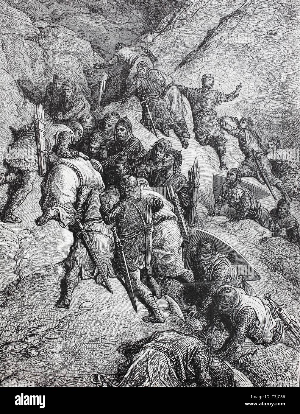 I cavalieri del Crusade hanno trovato un foro con l'acqua nelle rocce, prima crociata, storico illustrazione, 1880, Germania Foto Stock