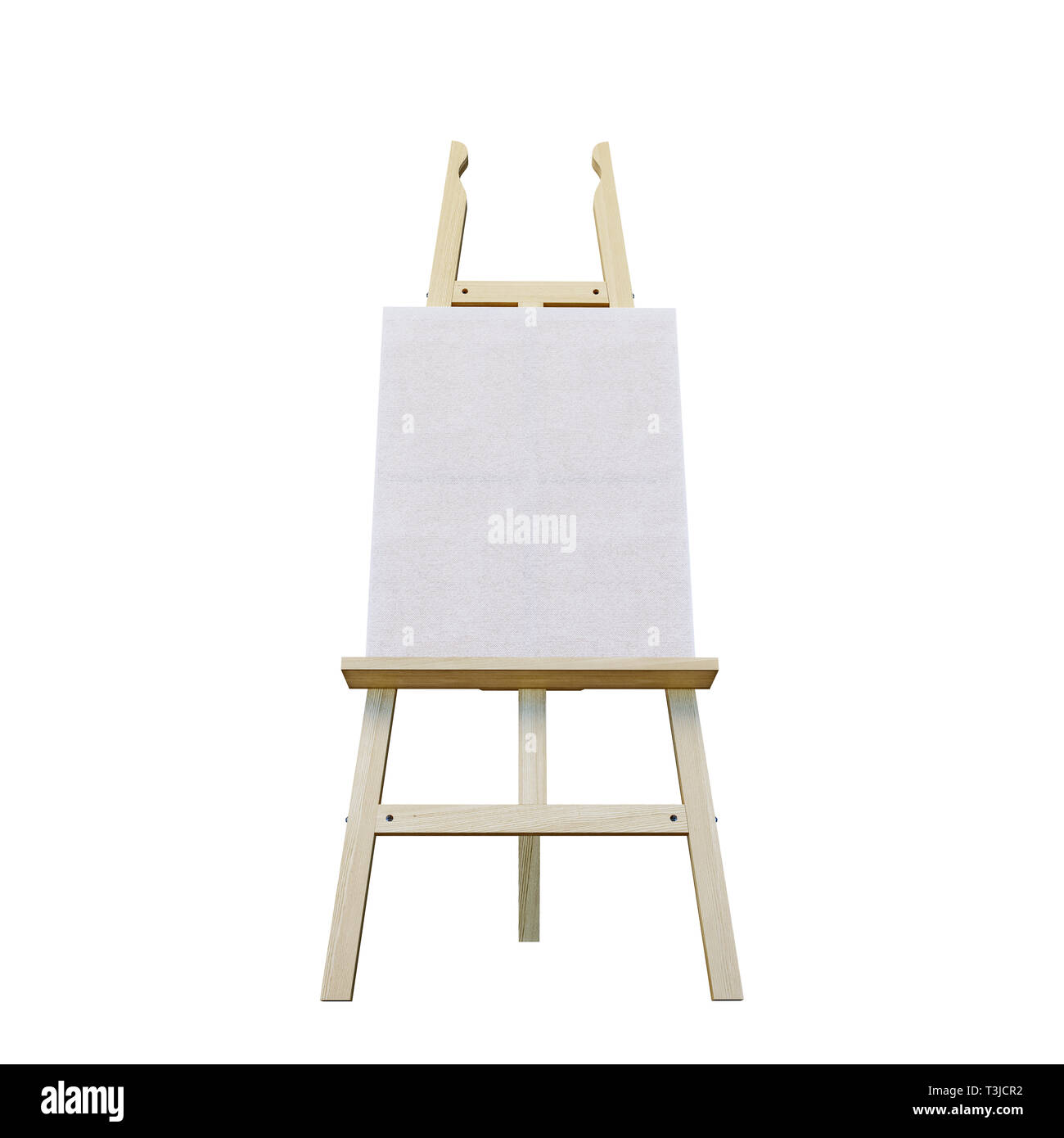 Pittura stand cavalletto in legno con tela vuota poster segno bordo isolati su sfondo bianco, rendering 3D Foto Stock