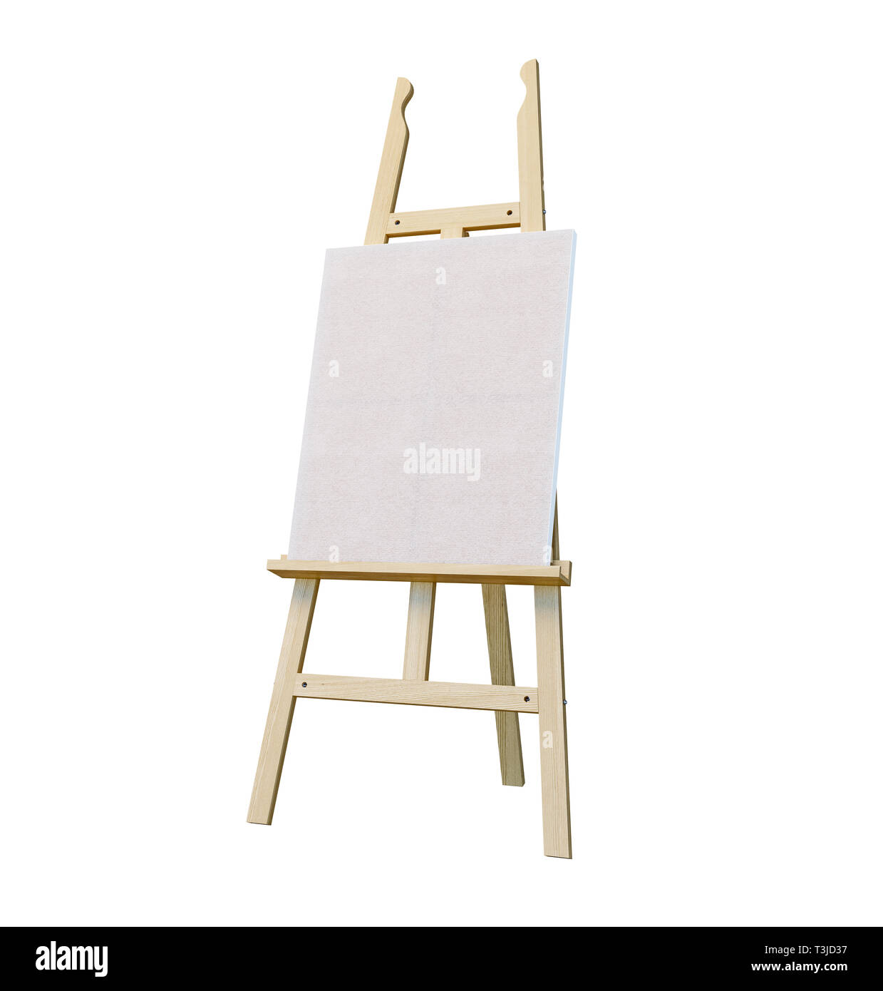 Pittura stand cavalletto in legno con tela vuota poster segno bordo isolati su sfondo bianco, rendering 3D Foto Stock