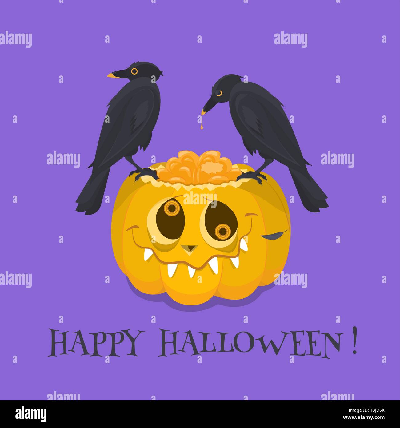 Un arancione zucca stupido con un cervello aperto è su uno sfondo viola su di esso sono due corvi neri peck cervello di zucca. Illustrazione Vettoriale