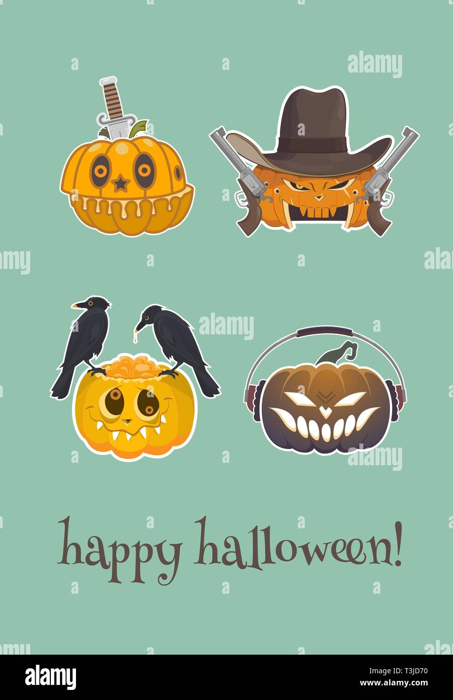 Il set di impressionante varietà di zucche isolata su uno sfondo verde. vari ambito di applicazione. è il concetto di happy Halloween. Illustrazione Vettoriale