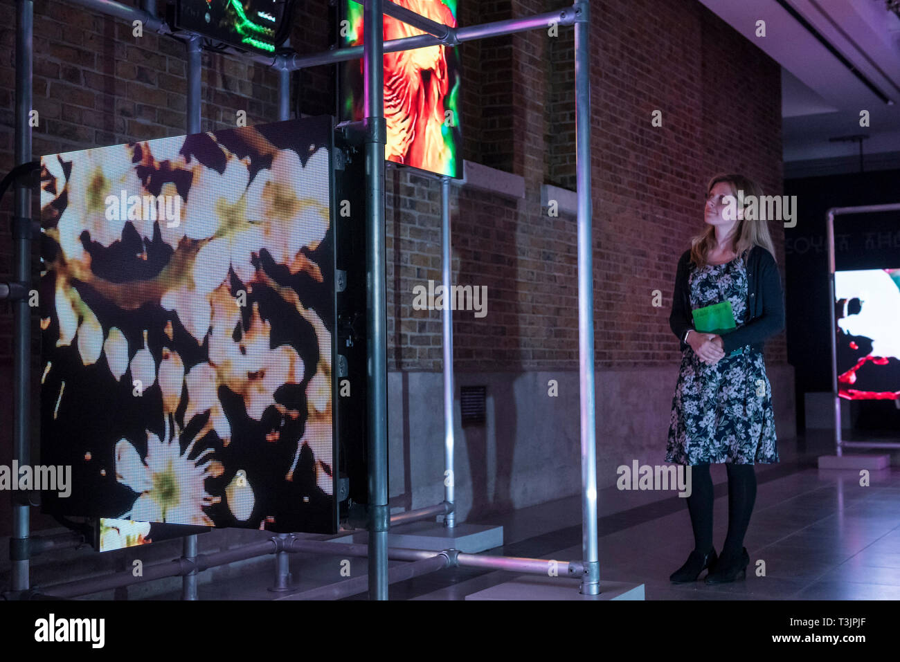 Londra, Regno Unito. Il 10 aprile 2019. Un membro del personale di opere viste in anteprima di una mostra dell'artista tedesco Hito Steyerl presso la Serpentine Sackler Gallery. Attraverso l'uso dell'intelligenza artificiale, la realtà aumentata e le installazioni video, la mostra esamina la potenza e la disuguaglianza nella società, mappatura ineguale distribuzione della ricchezza nelle comunità intorno a Londra la serpentina, che è stata registrata come uno dei più socialmente aree irregolari in Europa. Credito: Stephen Chung / Alamy Live News Foto Stock