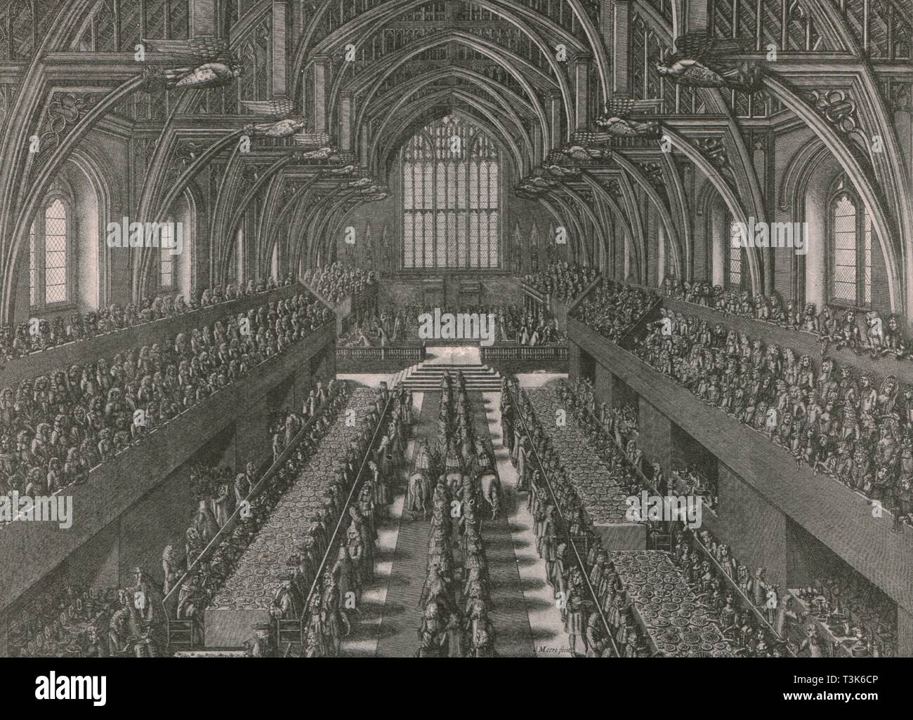 Il banchetto nella Grande Sala del Palazzo di Westminster...incoronazione di Giacomo II nel 1685, (1902). Creatore: sconosciuto. Foto Stock