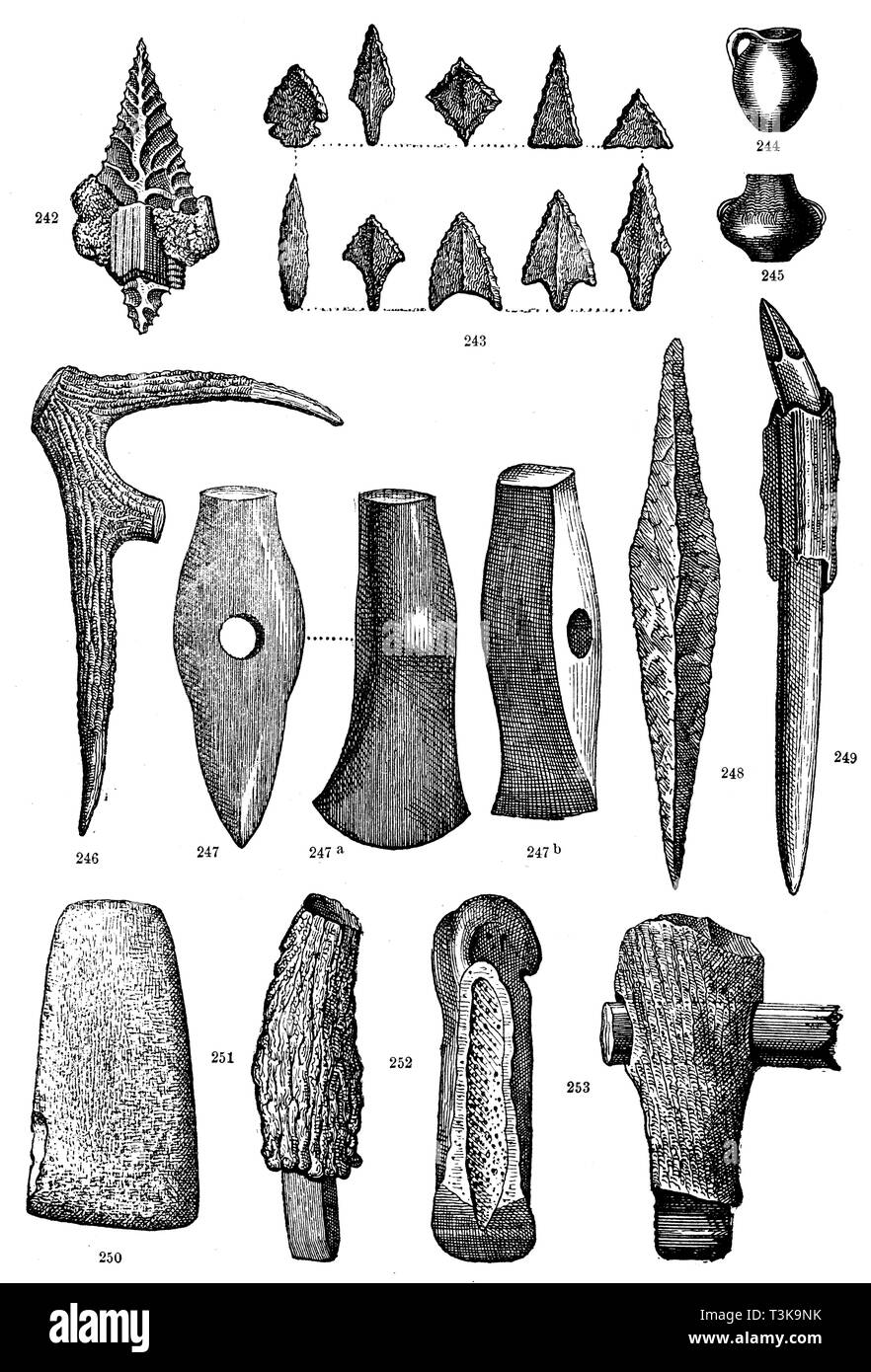 Le armi e gli oggetti dalla pila Svizzera abitazioni. 242) e Arrowhead fissato con resina di terra, 243) punte di frecce, 244, 245) vasi di argilla dalla pila delle abitazioni, 246) Zappa realizzato in corno di cervo, 247 a,b) Ax martelli, 248) Lancet fatta di pietra focaia, 249) Arrowhead in osso fissato con resina di terra, 250) pietra hoe, 251) stone chisel con corna di cervo, maniglia 252) scalpello per la lavorazione del legno, 253) martello in pietra impostato in corno di cervo, legno stile, 1874 Foto Stock