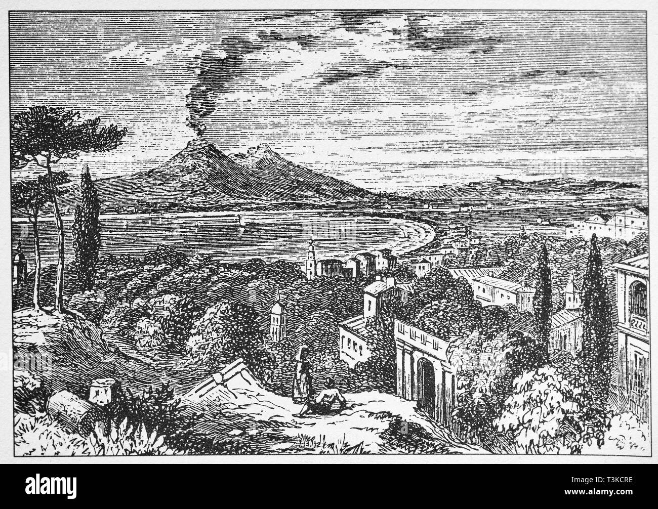 Illustrazione di antiquariato del Vesuvio fumatori dal 1800s Foto Stock