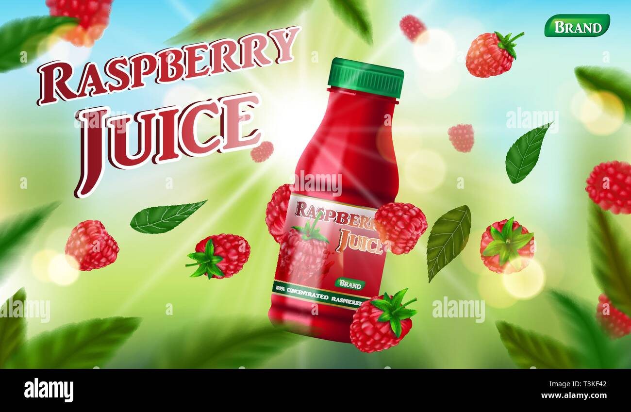Succo di lampone modello di bottiglia per il pacchetto design. succo di frutta confezione contenitore annuncio. 3D realistici Sweet Food - ripe lampone illustrazione vettoriale Illustrazione Vettoriale