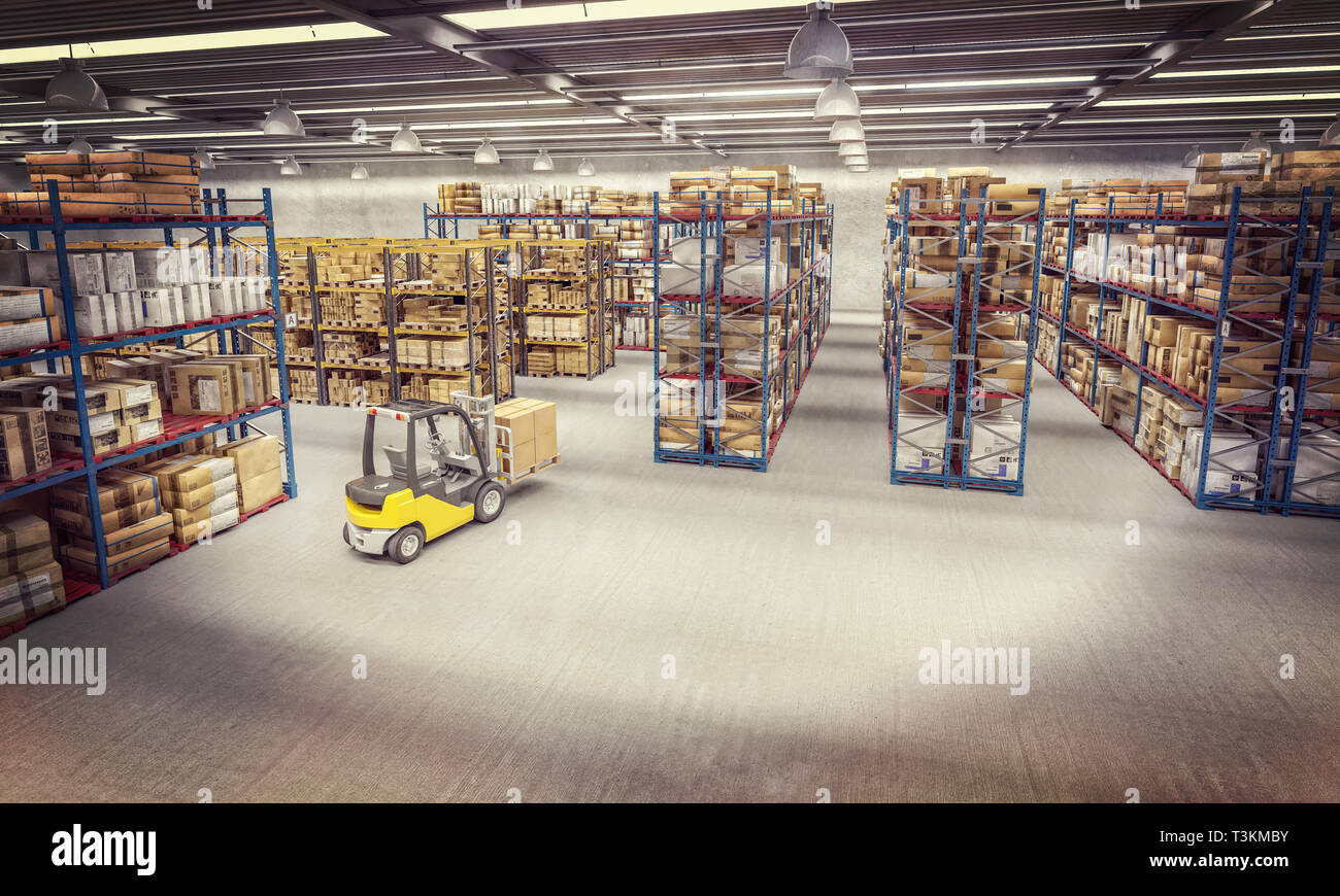 Vista di un magazzino pieno di beni e di un carrello elevatore a forche in azione. Immagine 3D render. commercio e logistica concetto. Foto Stock
