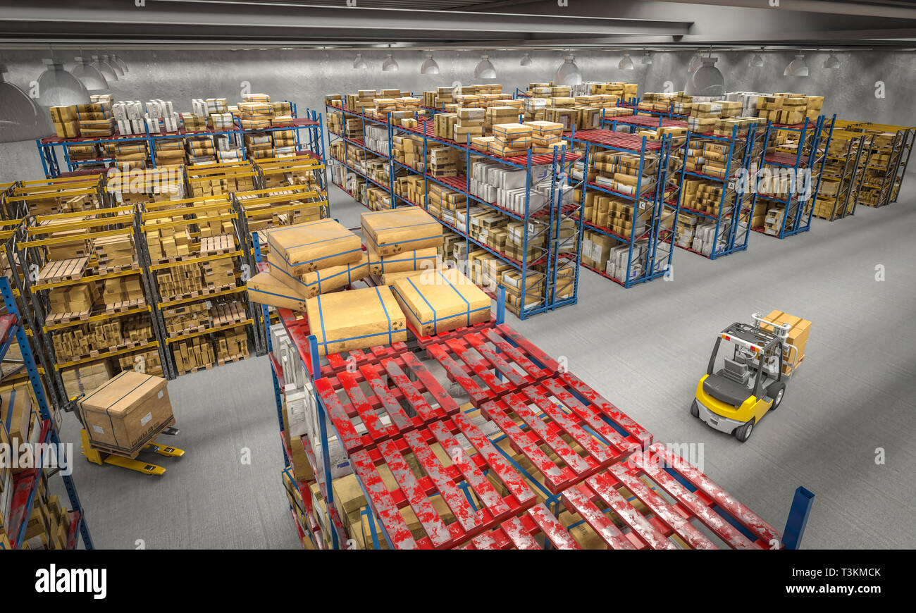 Vista di un magazzino pieno di beni e di un carrello elevatore a forche in azione. Immagine 3D render. commercio e logistica concetto. Foto Stock