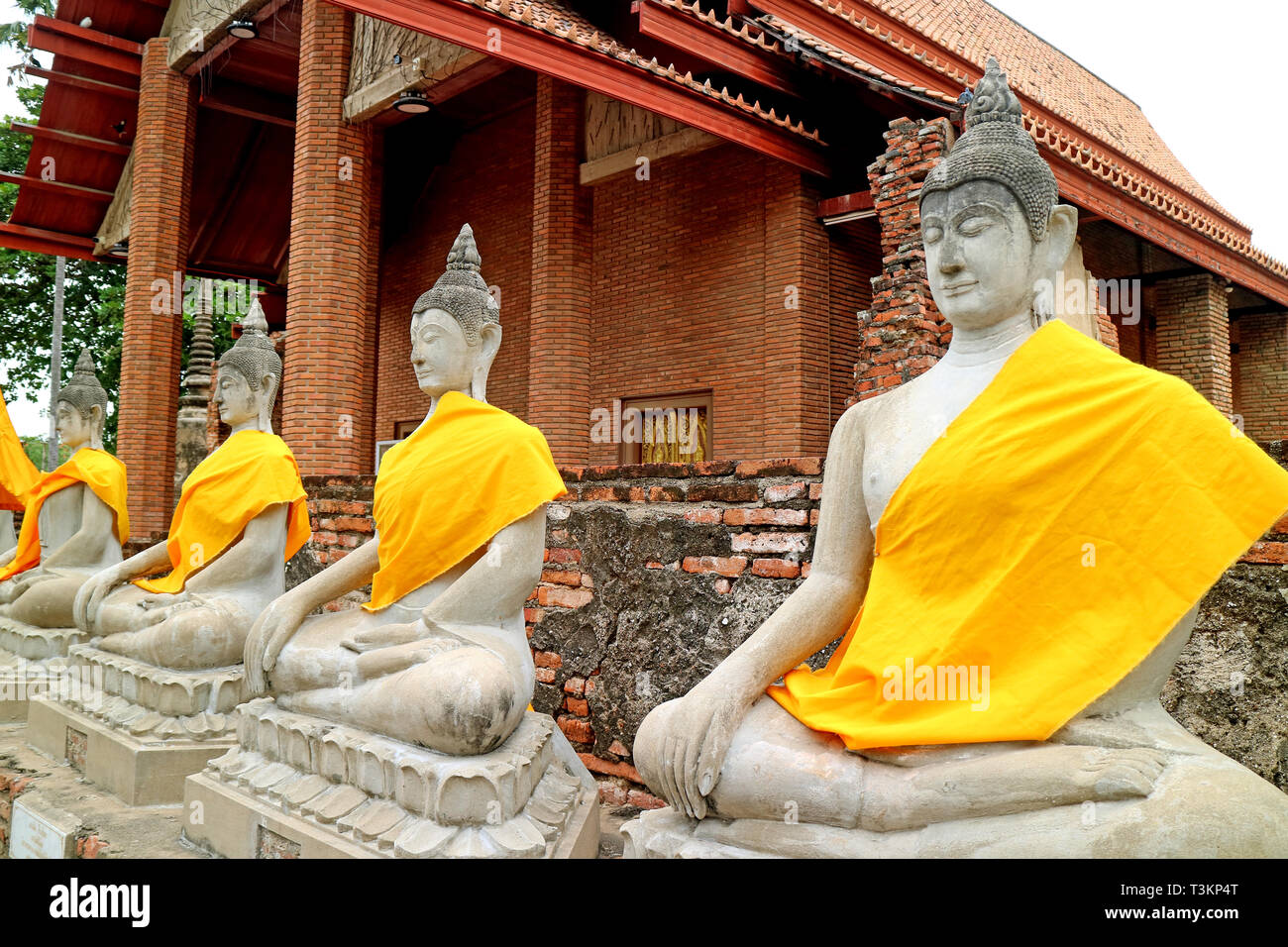 Fila di immagini di Buddha di fronte al municipio di ordinazione di Wat Yai Chai Mongkhon tempio, Ayutthaya sito archeologico, Thailandia Foto Stock