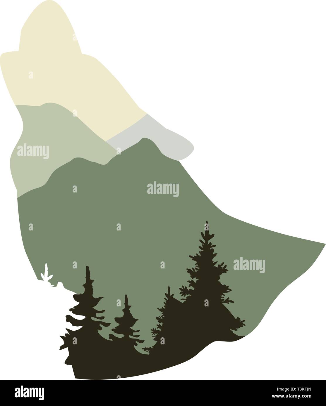 Illustrazione vettoriale di un Wolf urlando. Wolf, testa di animale con silhouette foresta astratta sfondo. Illustrazione Vettoriale