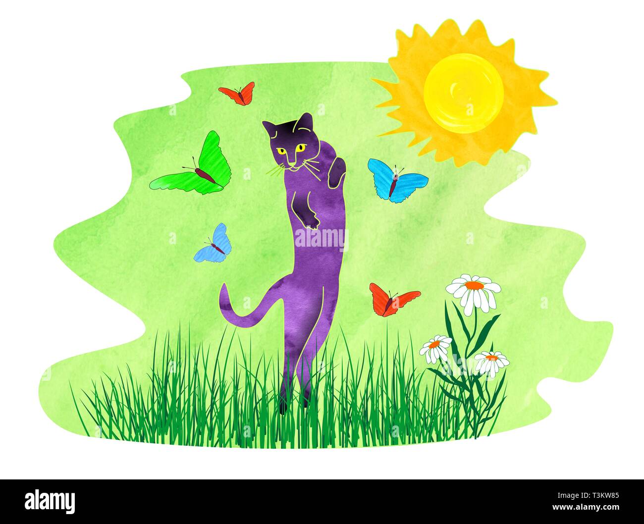 Violetta cat giocando in erba verde con farfalle. Serie di illustrazioni con un divertente personaggio gattino. Foto Stock