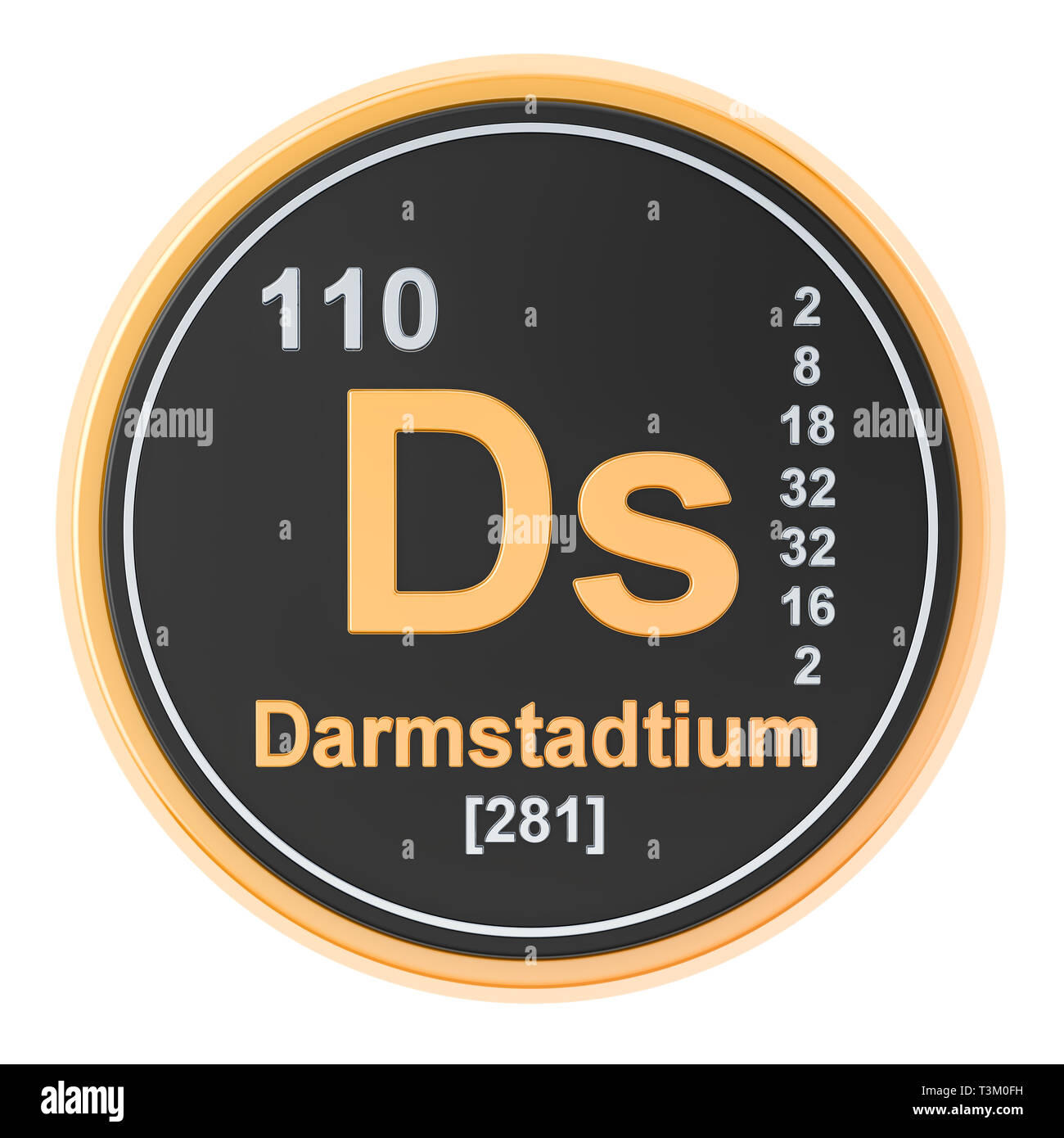 Ds Darmstadtium elemento chimico. 3D rendering isolati su sfondo bianco Foto Stock