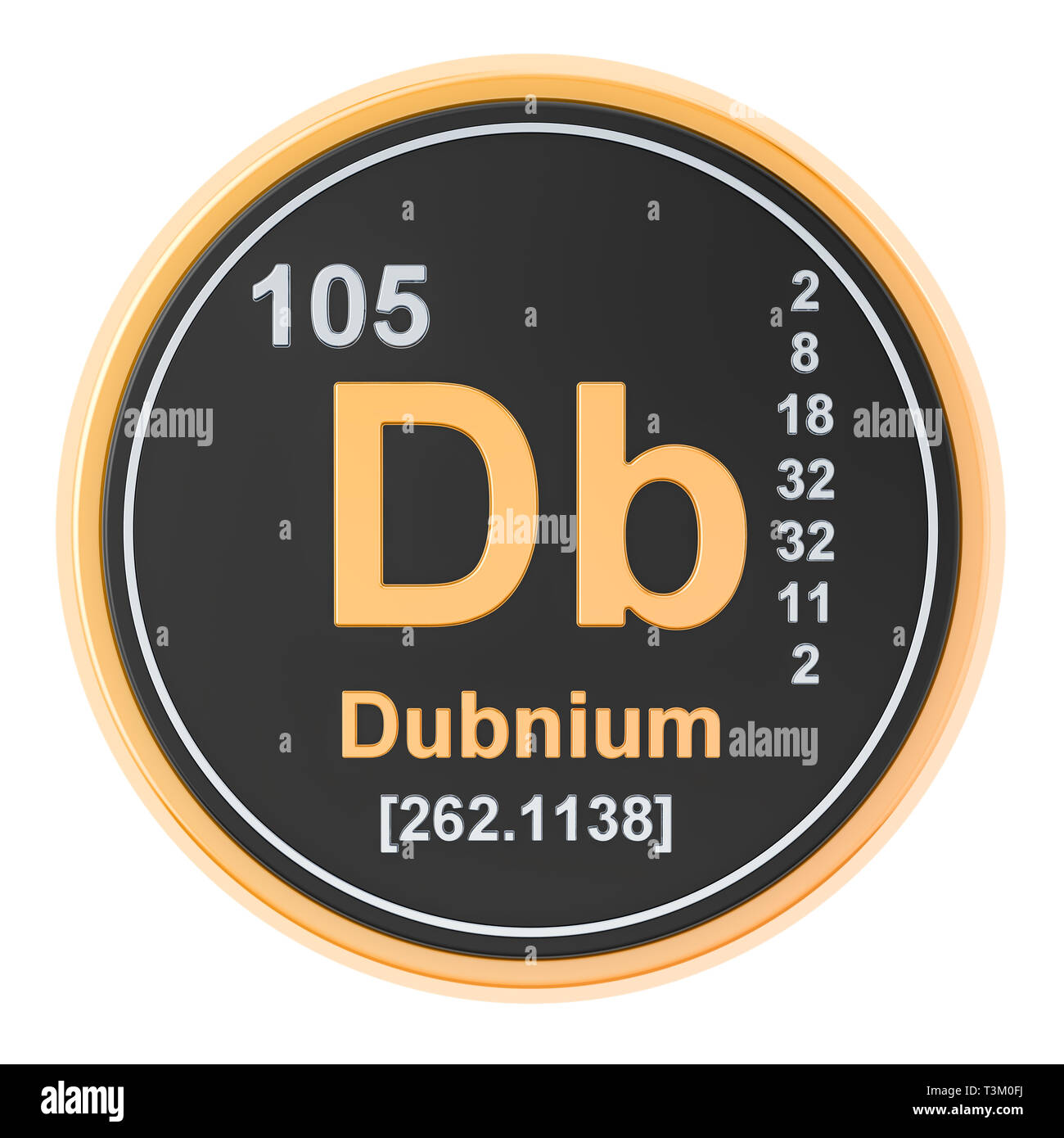 Dubnio Db elemento chimico. 3D rendering isolati su sfondo bianco Foto Stock