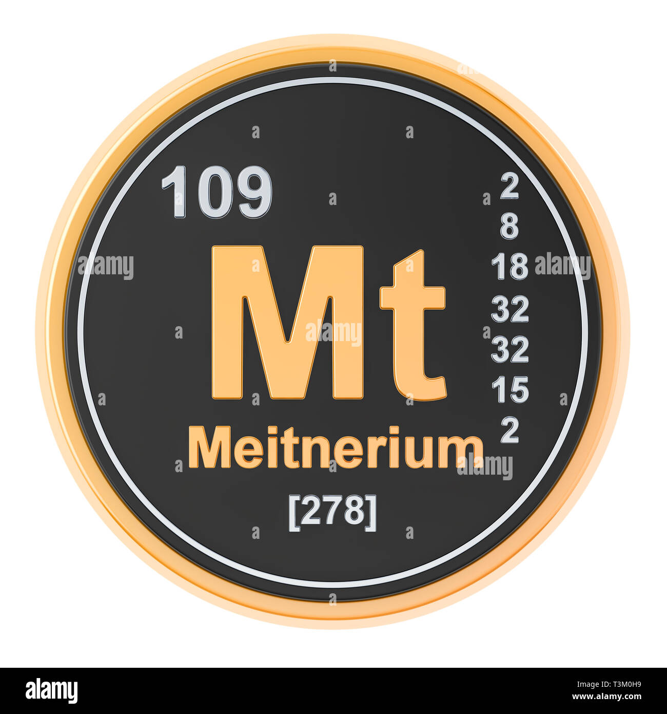 Meitnerio Mt elemento chimico. 3D rendering isolati su sfondo bianco Foto Stock