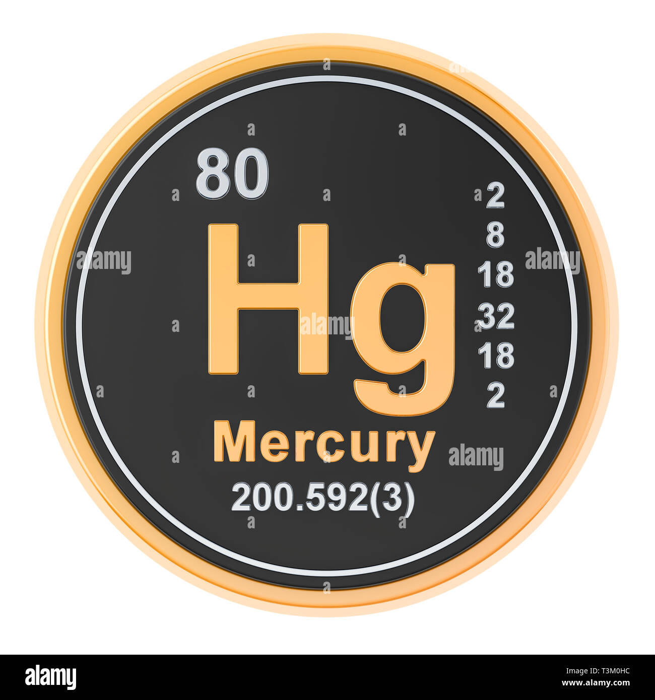 Mercurio Hg elemento chimico. 3D rendering isolati su sfondo bianco Foto Stock