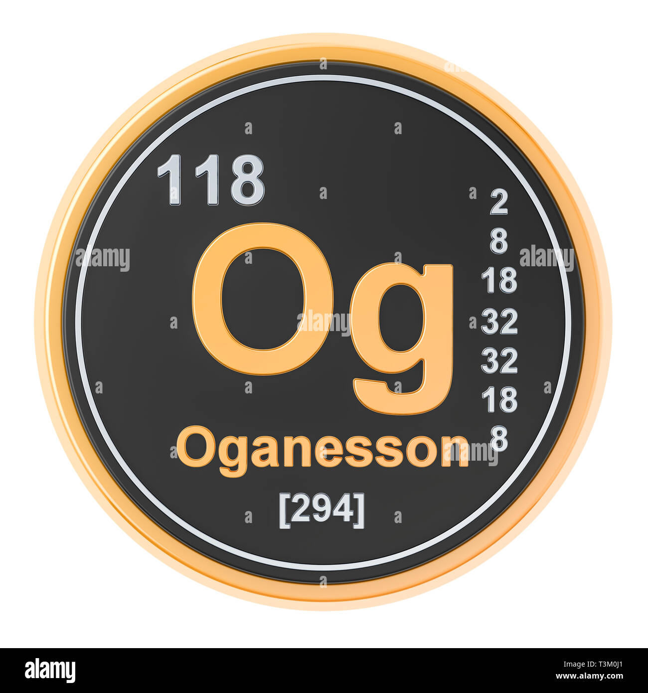 Oganesson Og elemento chimico. 3D rendering isolati su sfondo bianco Foto Stock