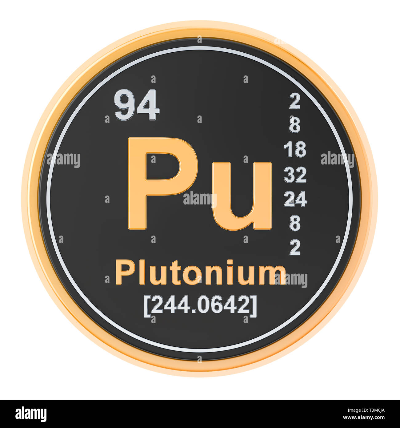 Il plutonio Pu elemento chimico. 3D rendering isolati su sfondo bianco Foto Stock